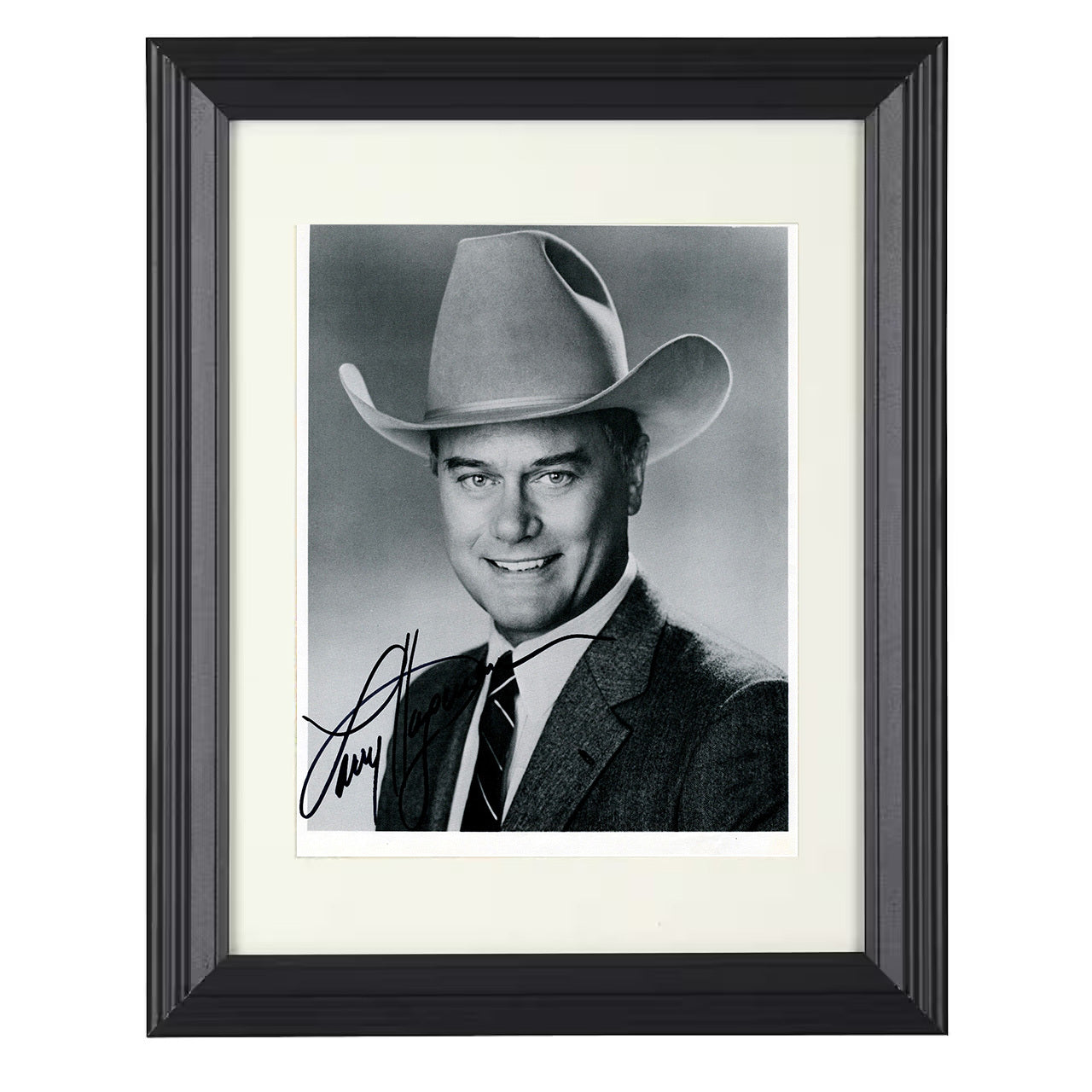 Dallas – Larry Hagman – J.R. Ewing Cowboy Hat Headshot – 8x10 black beveled framed television wall art