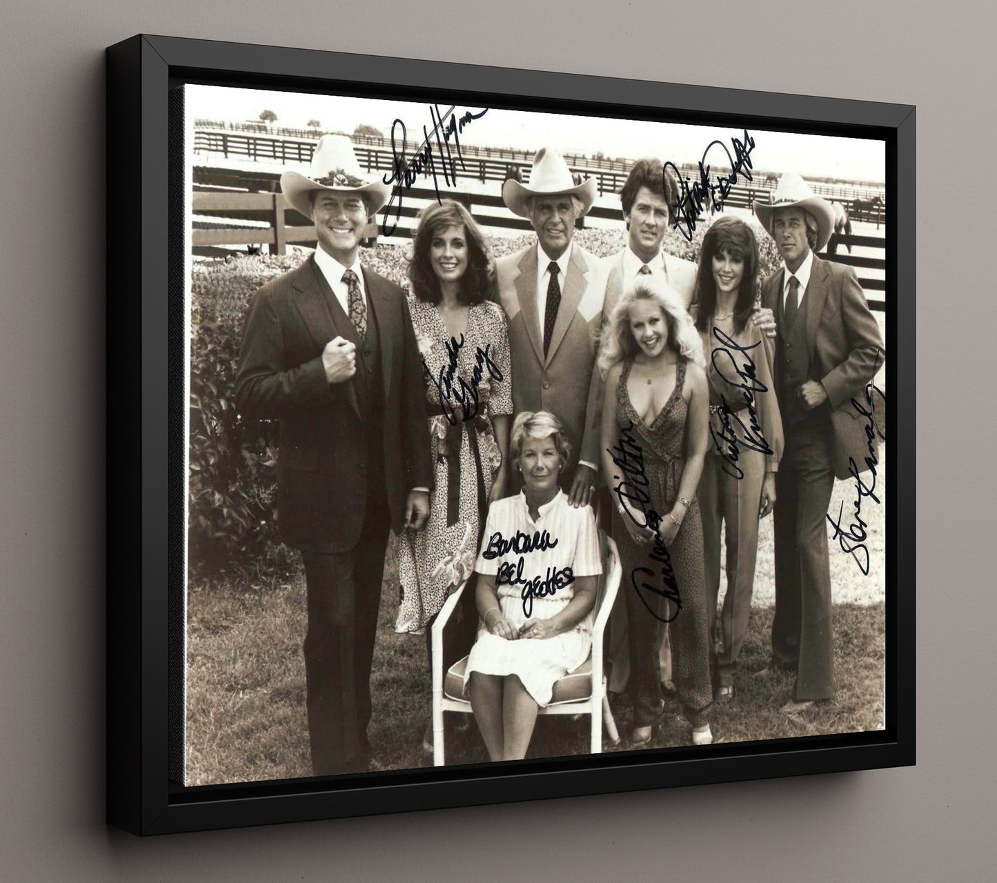 Dallas - Larry Hagman (J.R. Ewing) Ensemble Cast Southfork Ranch Gathering - Vintage Television Wall Art - 16x20 Framed Canvas wall art print - television decor