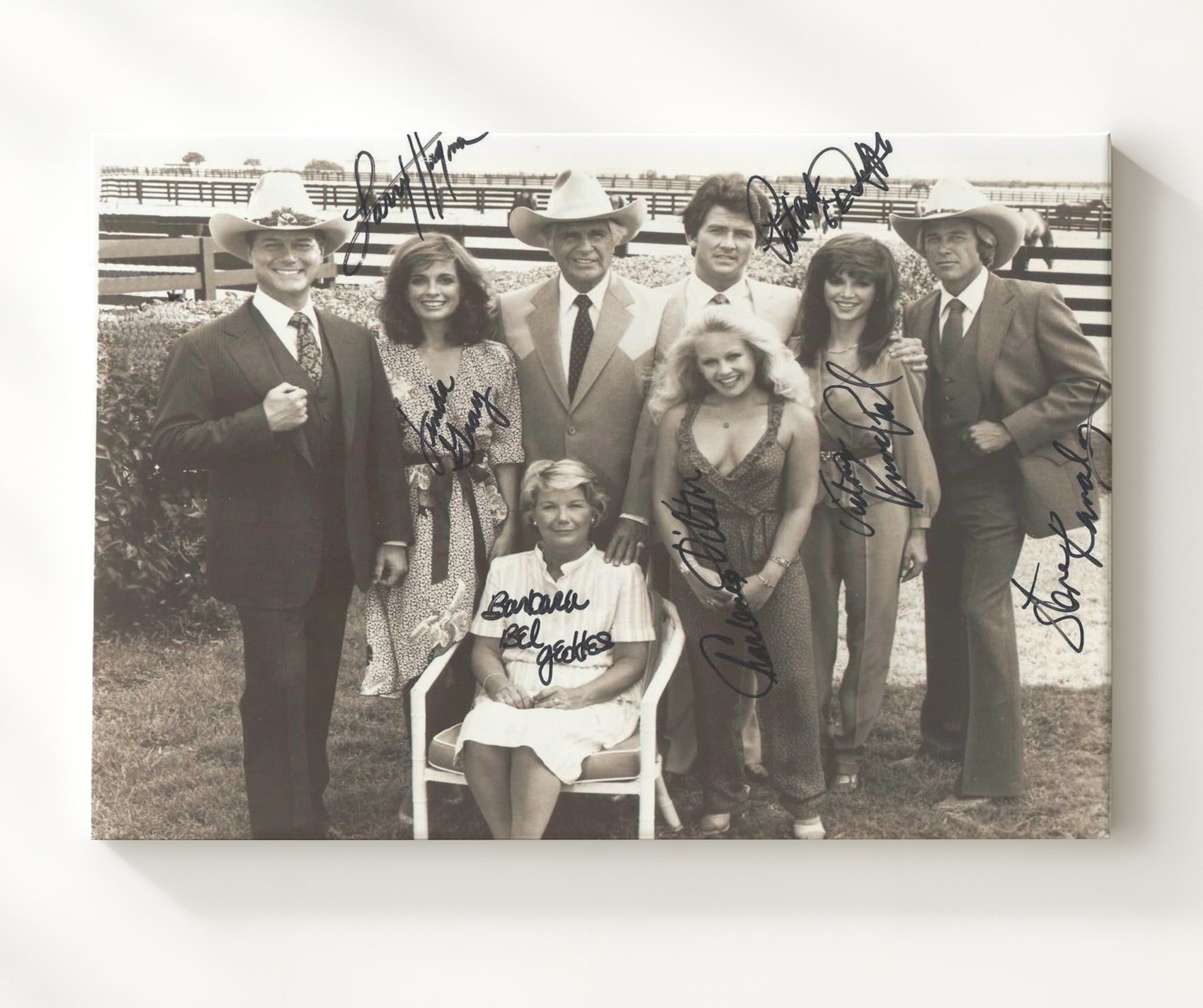 Dallas - Larry Hagman (J.R. Ewing) Ensemble Cast Southfork Ranch Gathering - Vintage Television Wall Art - 20x24 Canvas wall art print - television decor
