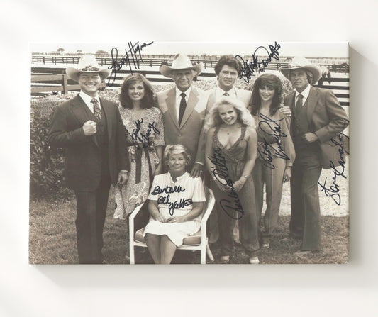 Dallas - Larry Hagman (J.R. Ewing) Ensemble Cast Southfork Ranch Gathering - Canvas television wall art