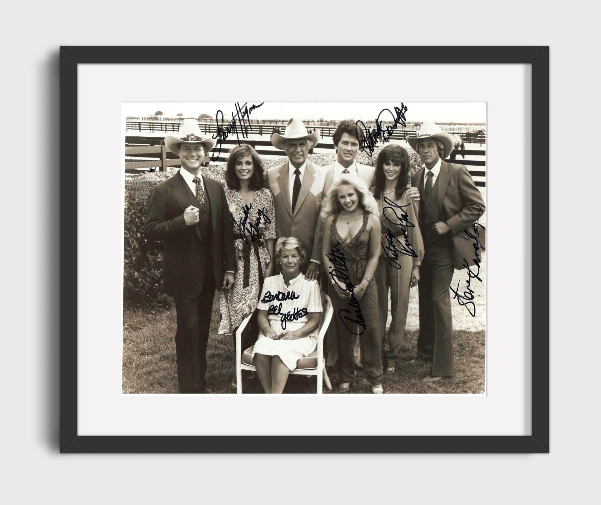 Dallas - Larry Hagman (J.R. Ewing) Ensemble Cast Southfork Ranch Gathering - Vintage Television Wall Art - 16x20 Gallery Frame wall art print - television decor