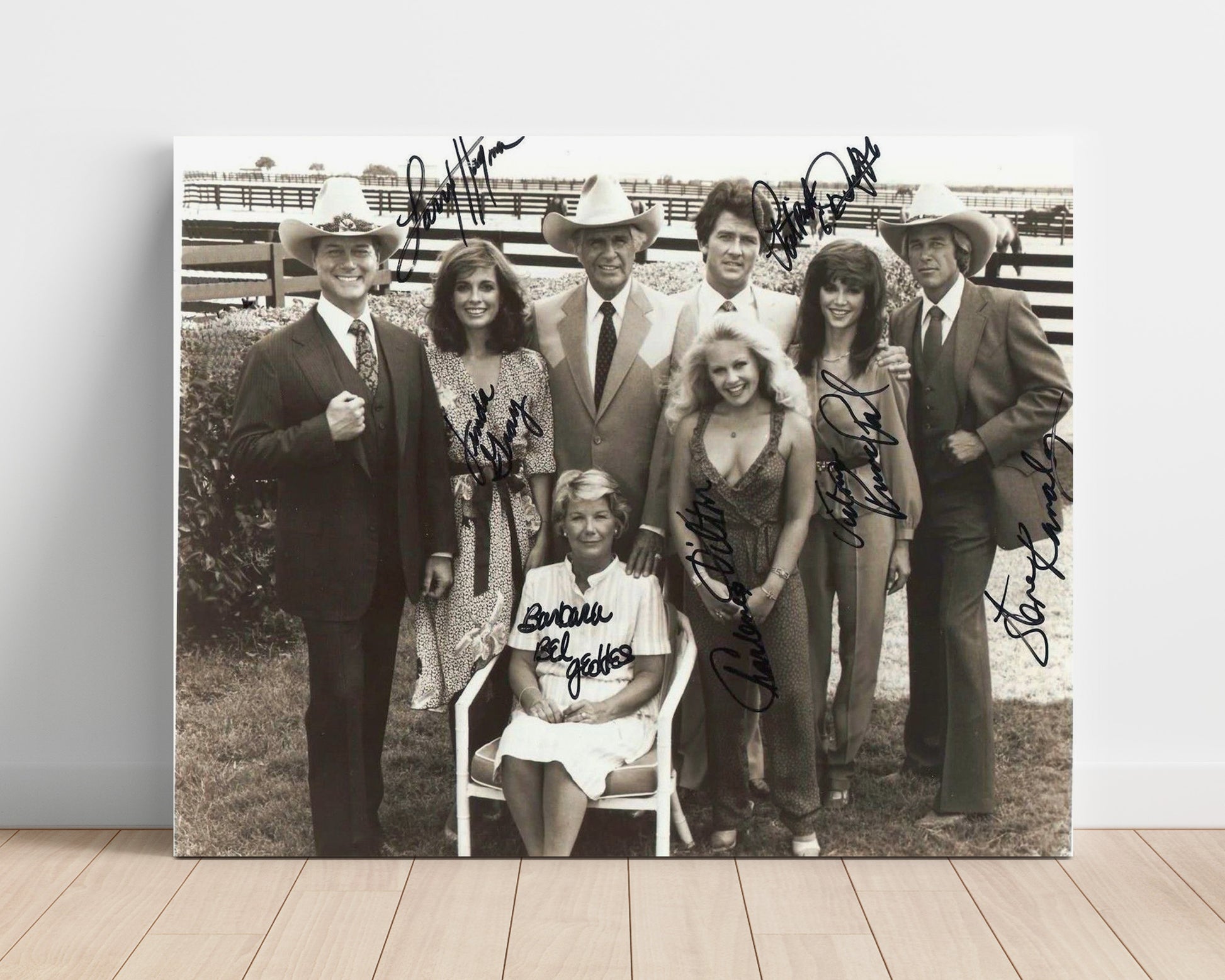Dallas - Larry Hagman (J.R. Ewing) Ensemble Cast Southfork Ranch Gathering - Vintage Television Wall Art - 16x20 Unframed Print wall art print - television decor