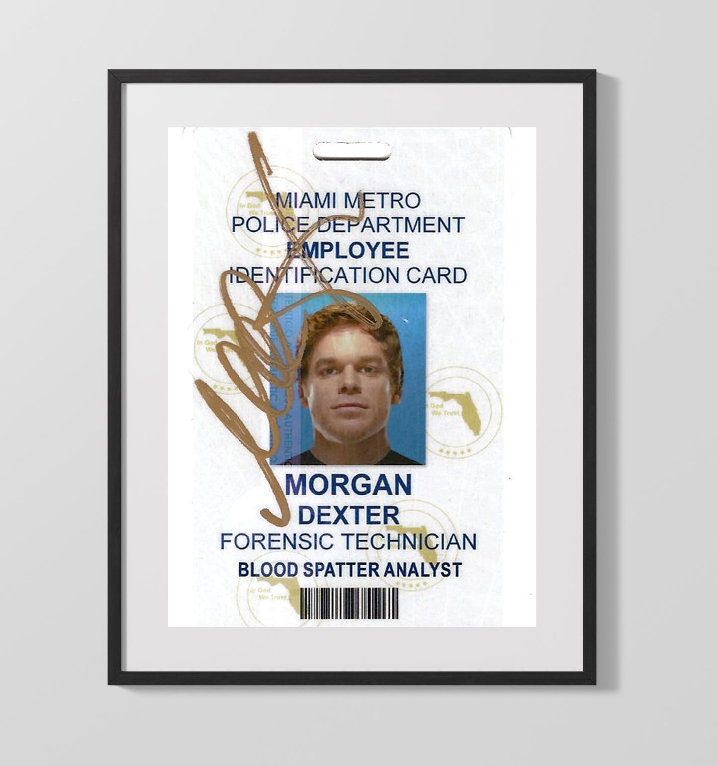Dexter - Michael C Hall - Miami Metro Police ID Card - Vintage Television Wall Art - 16x20 Gallery Frame wall art print - television decor