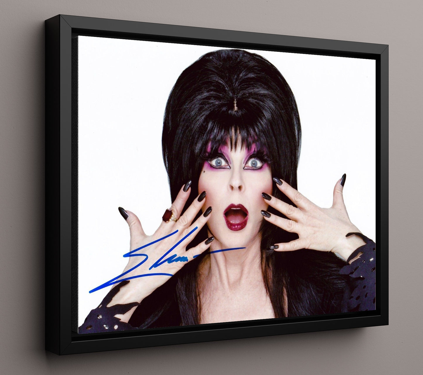 Elvira - Cassandra Peterson (Elvira) Horror Host Shock Glam Reaction Scene - Vintage Television Wall Art - 16x20 Framed Canvas wall art print - television decor