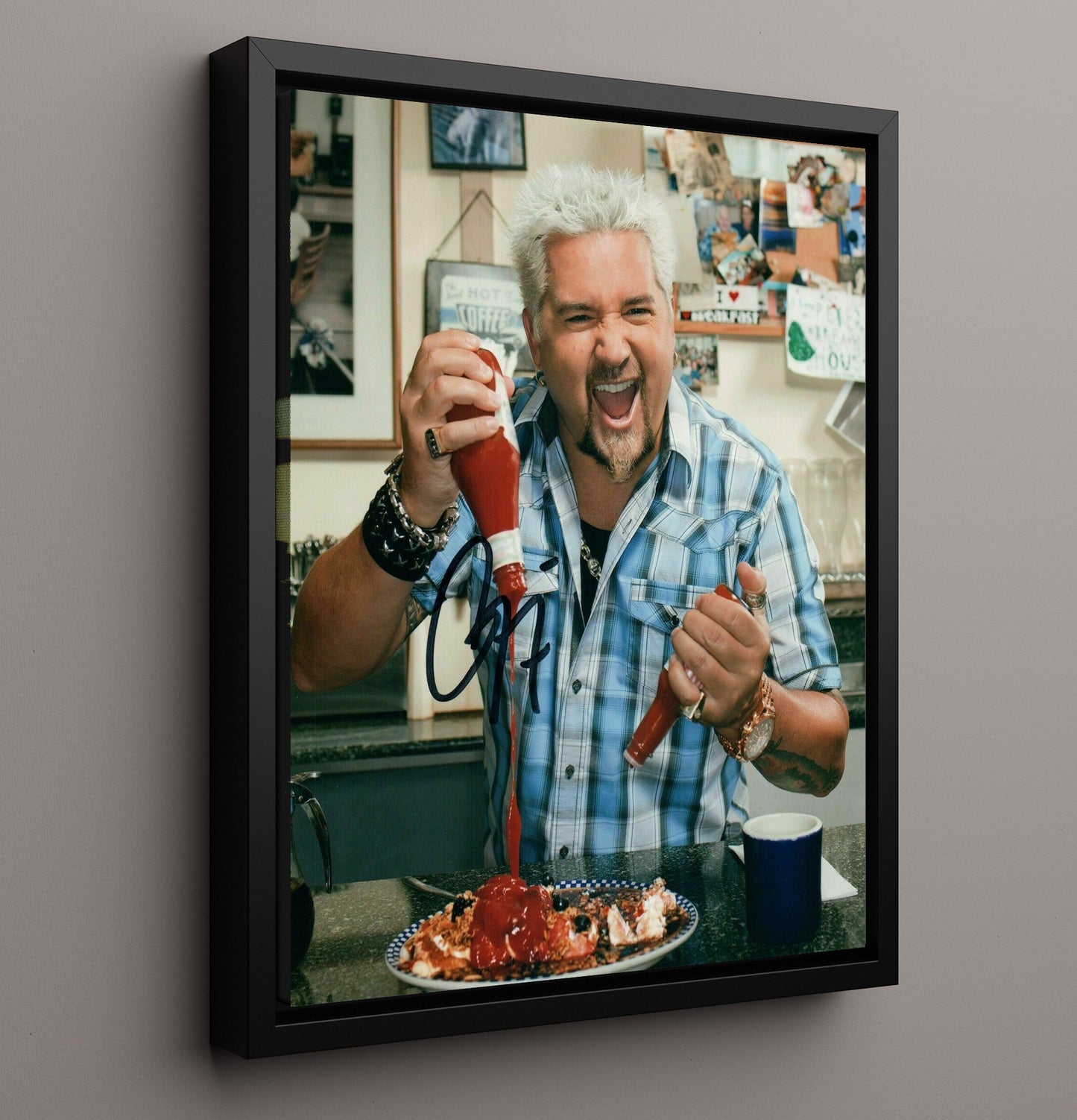 Food Network - Guy Fieri Diner Breakfast Sauce Pour - Vintage Television Wall Art - 16x20 Framed Canvas wall art print - television decor