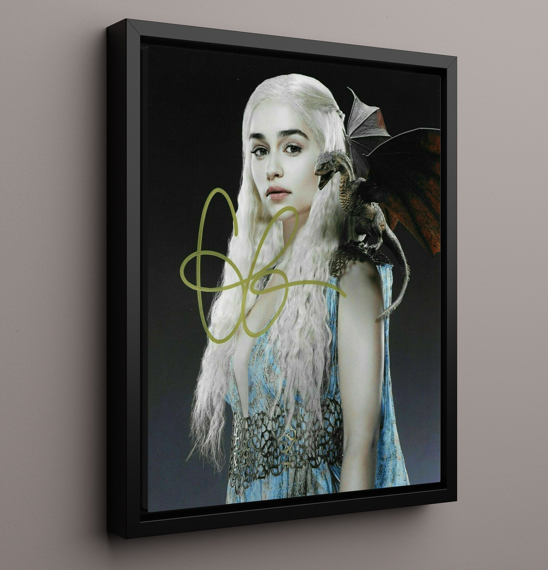 Game of Thrones - Emilia Clarke Daenerys Dragon Shoulder - Vintage Television Wall Art - 16x20 Framed Canvas wall art print - television decor