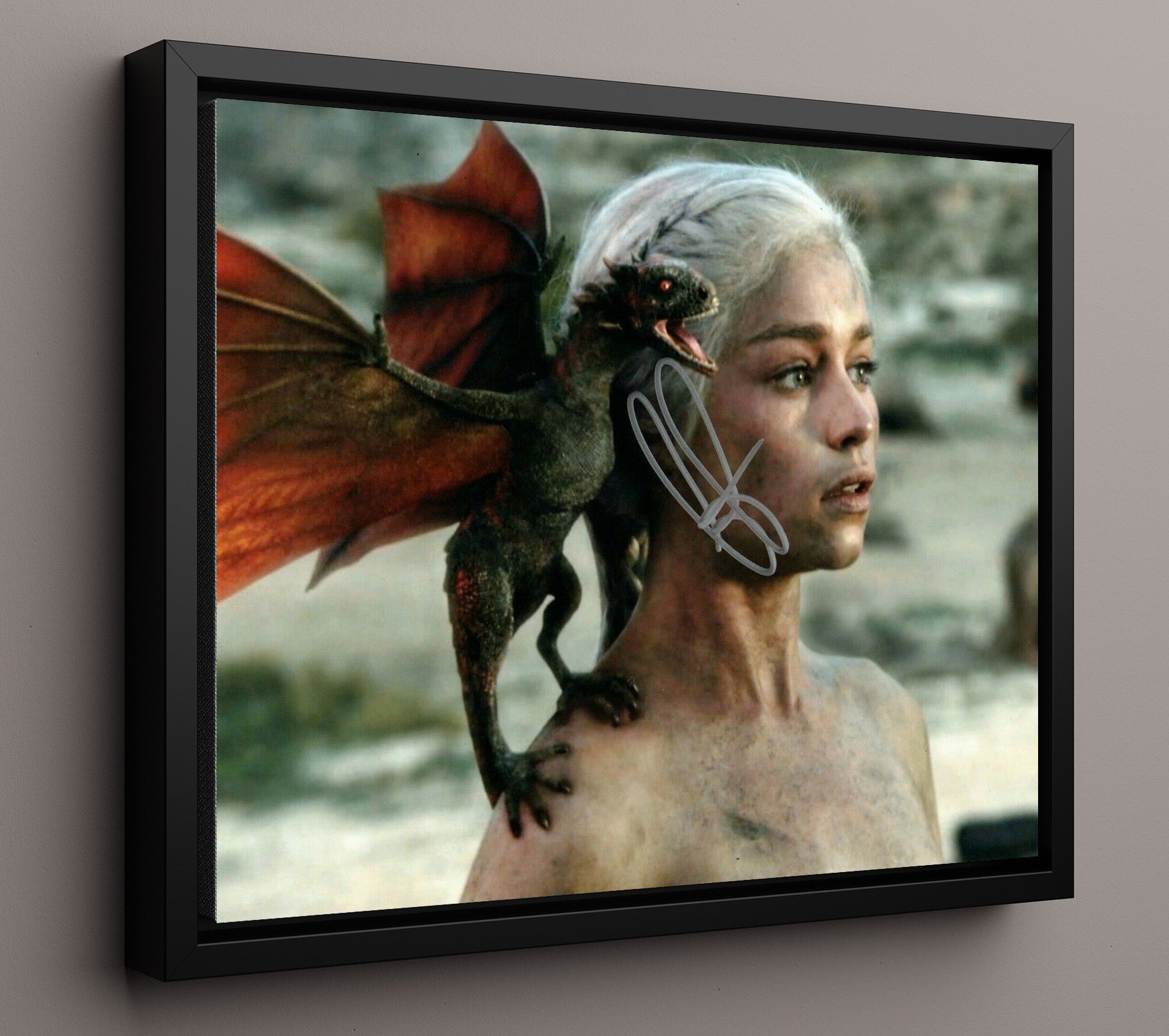 Game of Thrones - Emilia Clarke (Daenerys Targaryen) Shoulder Dragon Perch Scene - Vintage Television Wall Art - 16x20 Framed Canvas wall art print - television decor