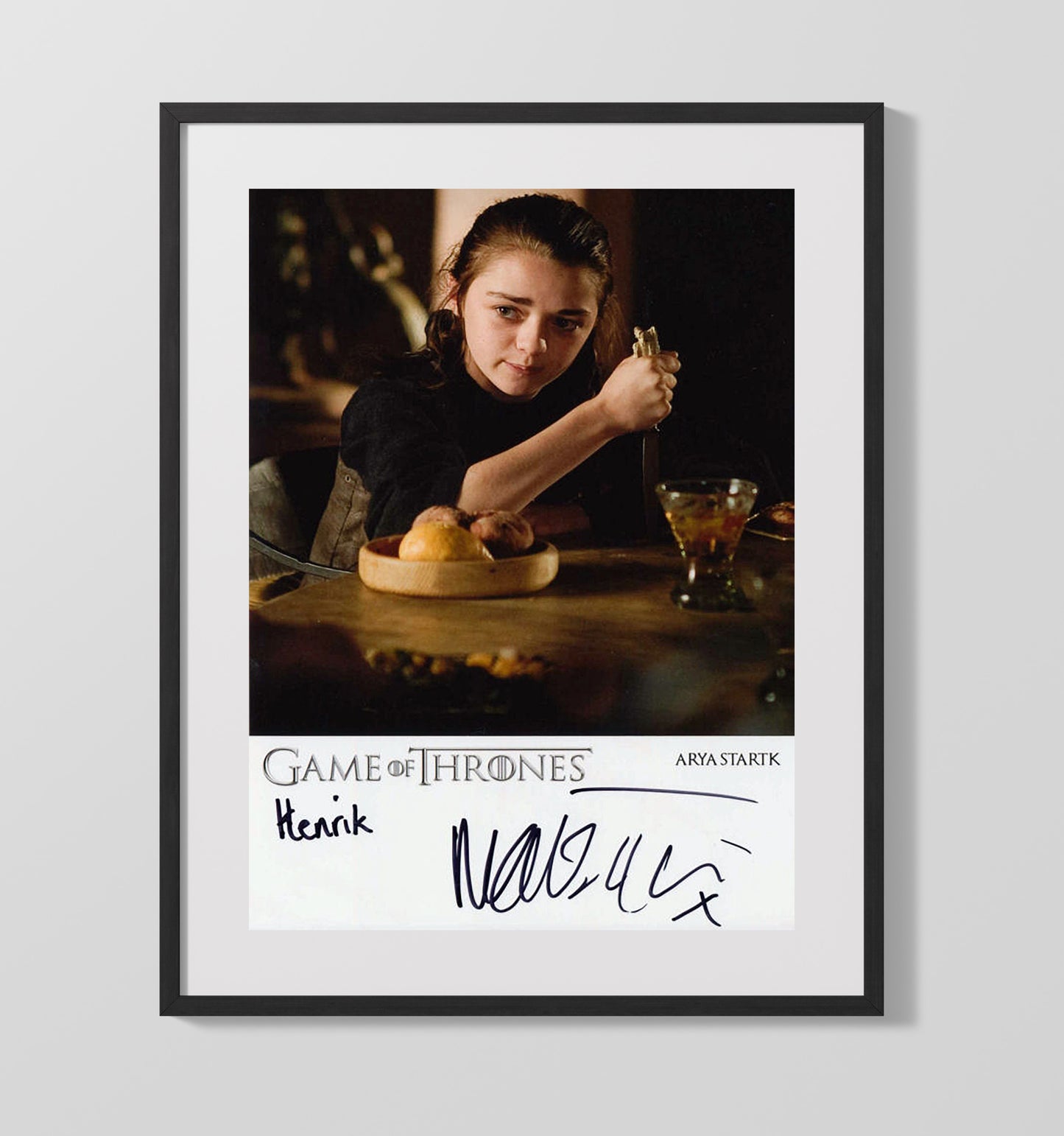 Game of Thrones - Maisie Williams (Arya Stark) Training Dagger Table Scene - Vintage Television Wall Art - 16x20 Gallery Frame wall art print - television decor