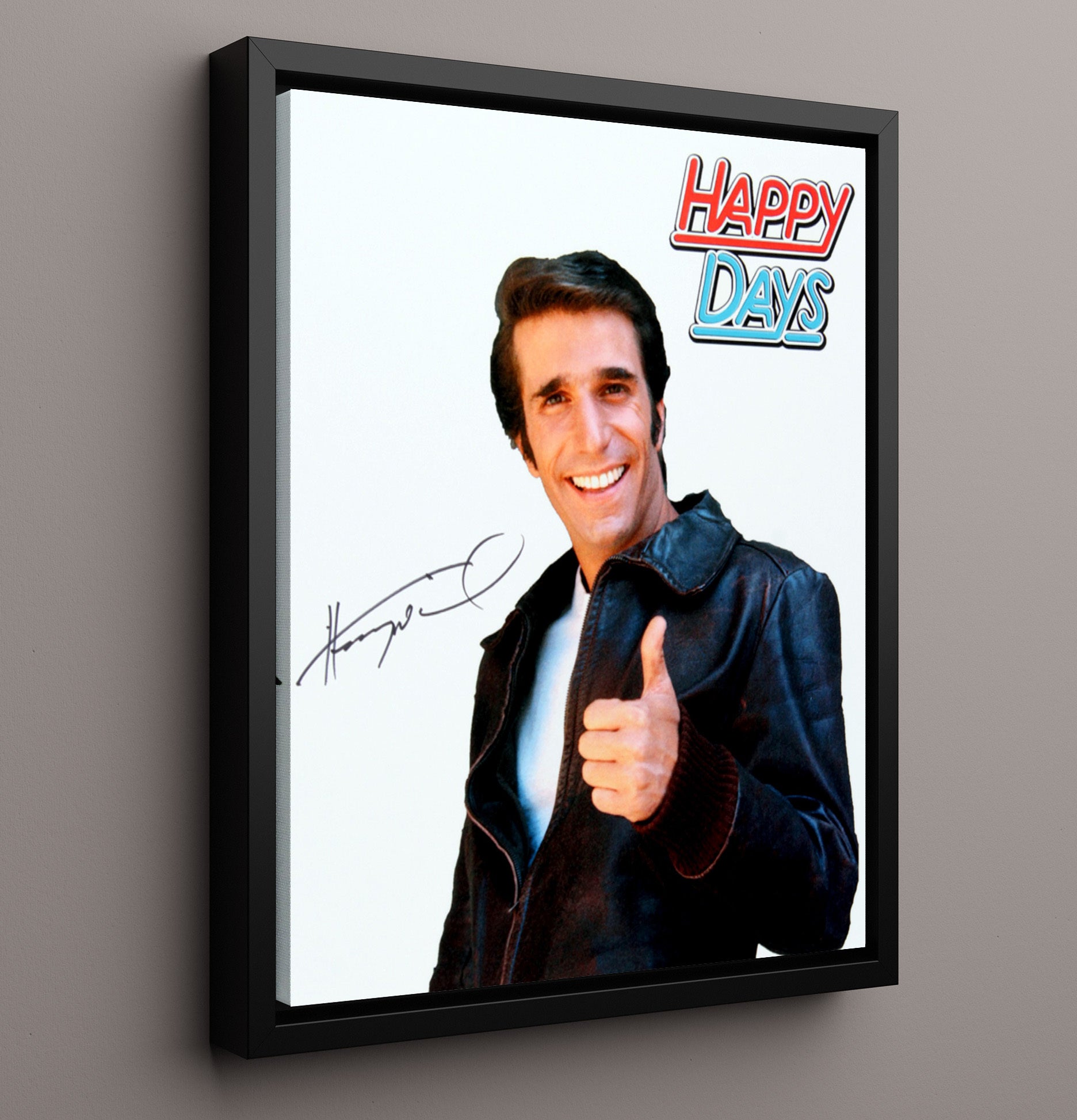 Happy Days - Henry Winkler Fonzie Thumbs Up Logo - Vintage Television Wall Art - 16x20 Framed Canvas wall art print - television decor
