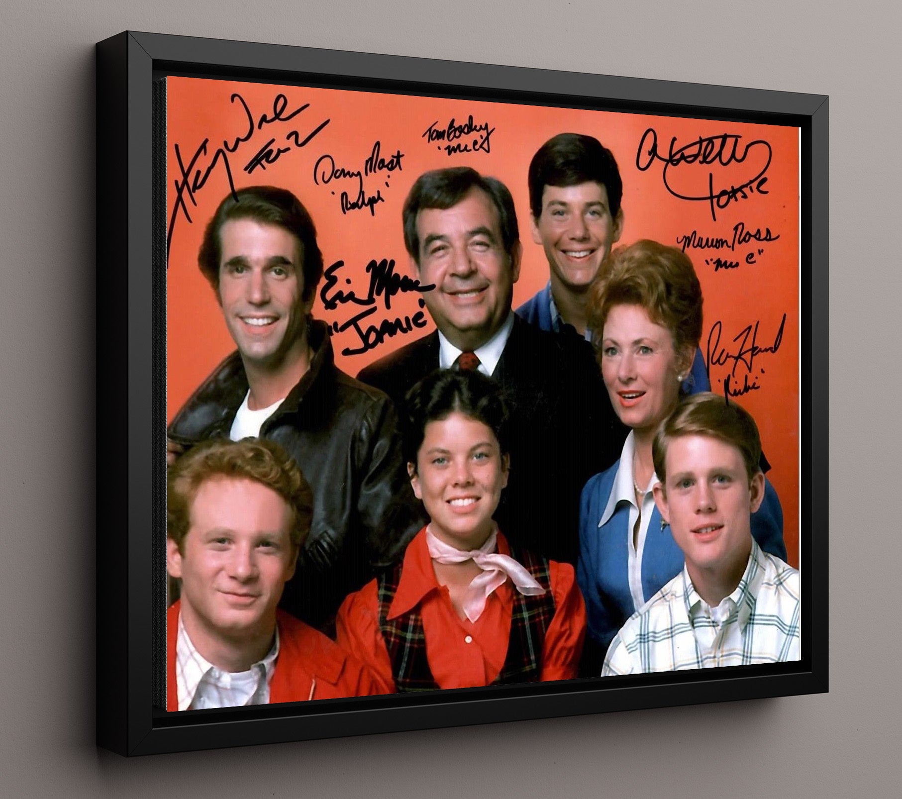 Happy Days - Ron Howard (Richie Cunningham) Ensemble Cast Scene - Vintage Television Wall Art - 16x20 Framed Canvas wall art print - television decor