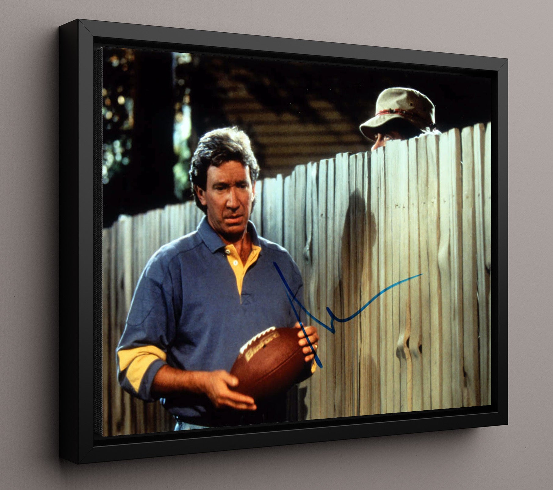 Home Improvement - Tim Allen (Tim Taylor) Backyard Fence Football Scene - Vintage Television Wall Art - 16x20 Framed Canvas wall art print - television decor