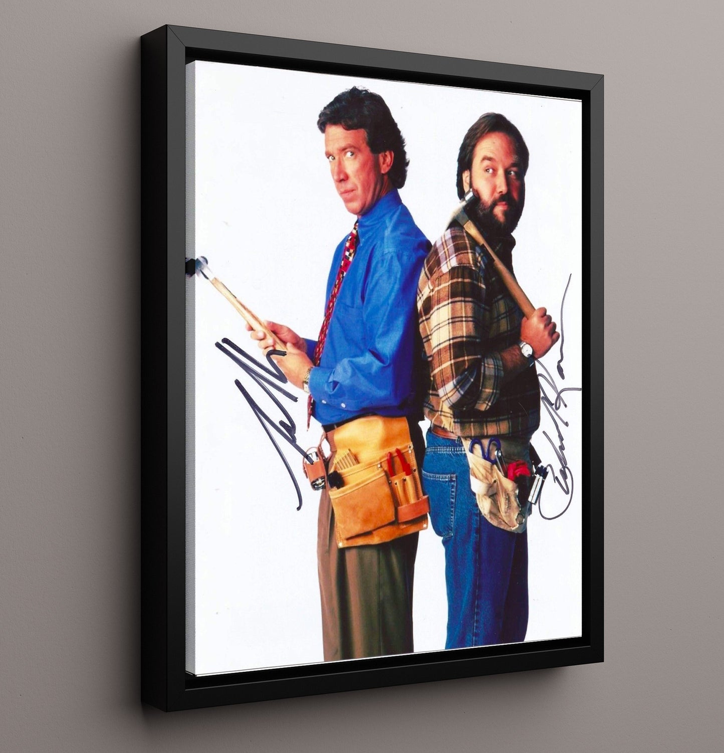 Home Improvement - Tim Allen (Tim Taylor) and Richard Karn (Al Borland) Tool Time Back-to-Back Hammer Pose - Vintage Television Wall Art - 16x20 Framed Canvas wall art print - television decor