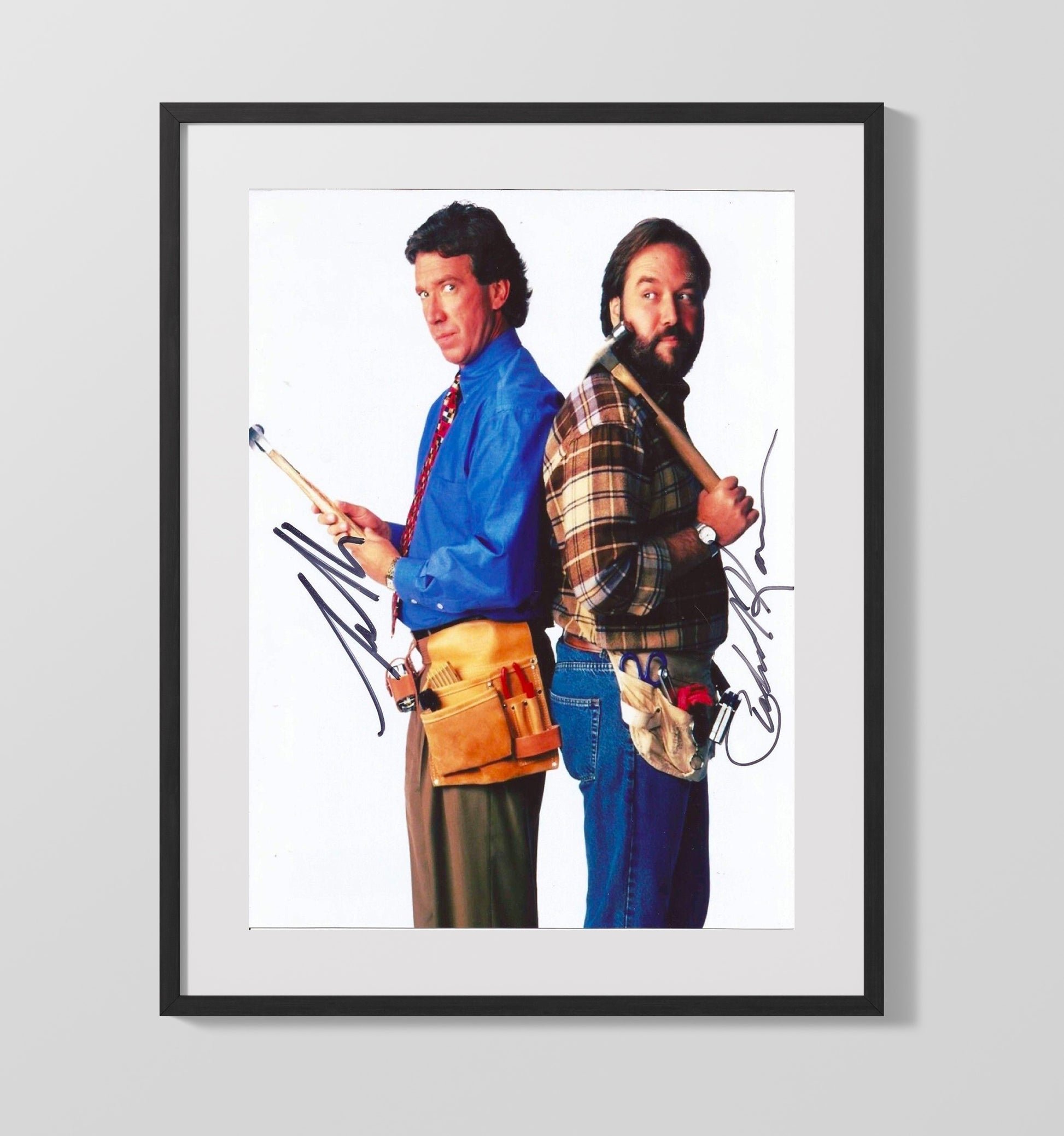 Home Improvement - Tim Allen (Tim Taylor) and Richard Karn (Al Borland) Tool Time Back-to-Back Hammer Pose - Vintage Television Wall Art - 16x20 Gallery Frame wall art print - television decor