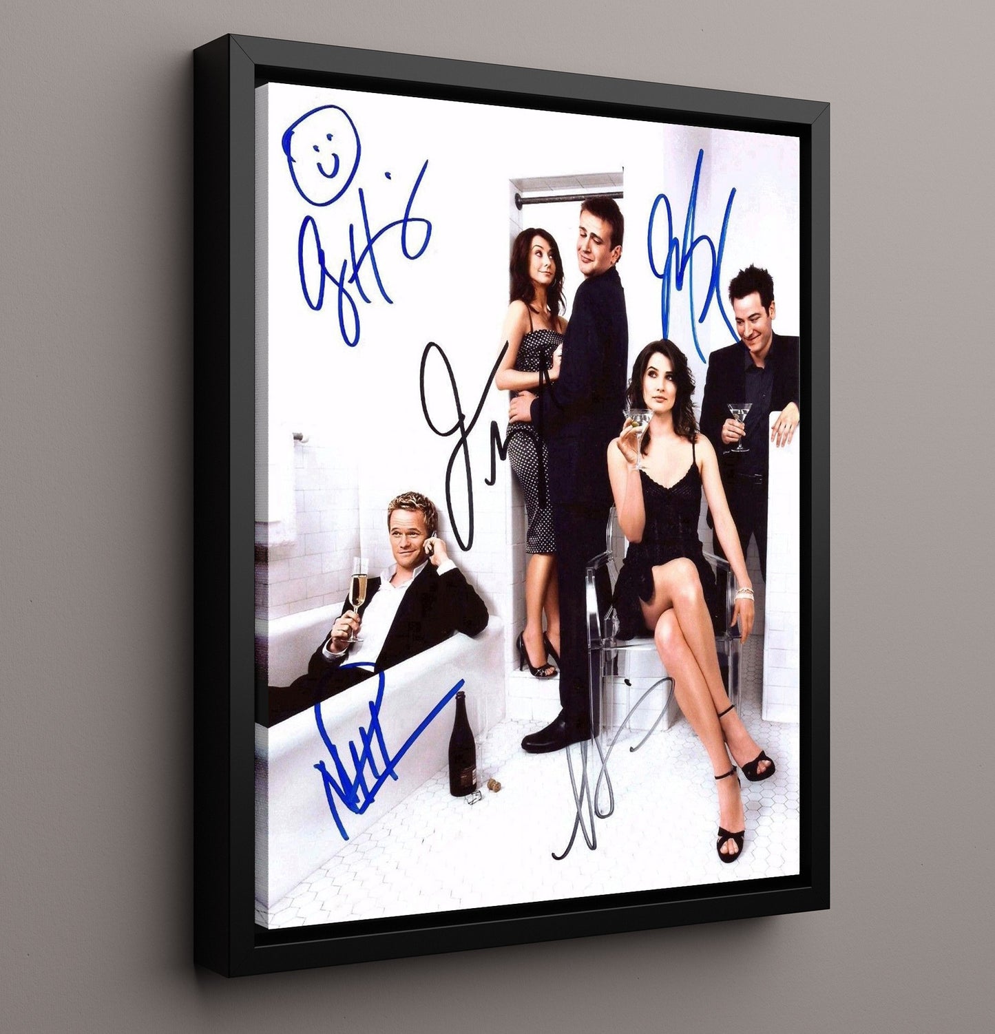 How I Met Your Mother - Cast Bathroom Champagne Promo Scene - Vintage Television Wall Art - 16x20 Framed Canvas wall art print - television decor