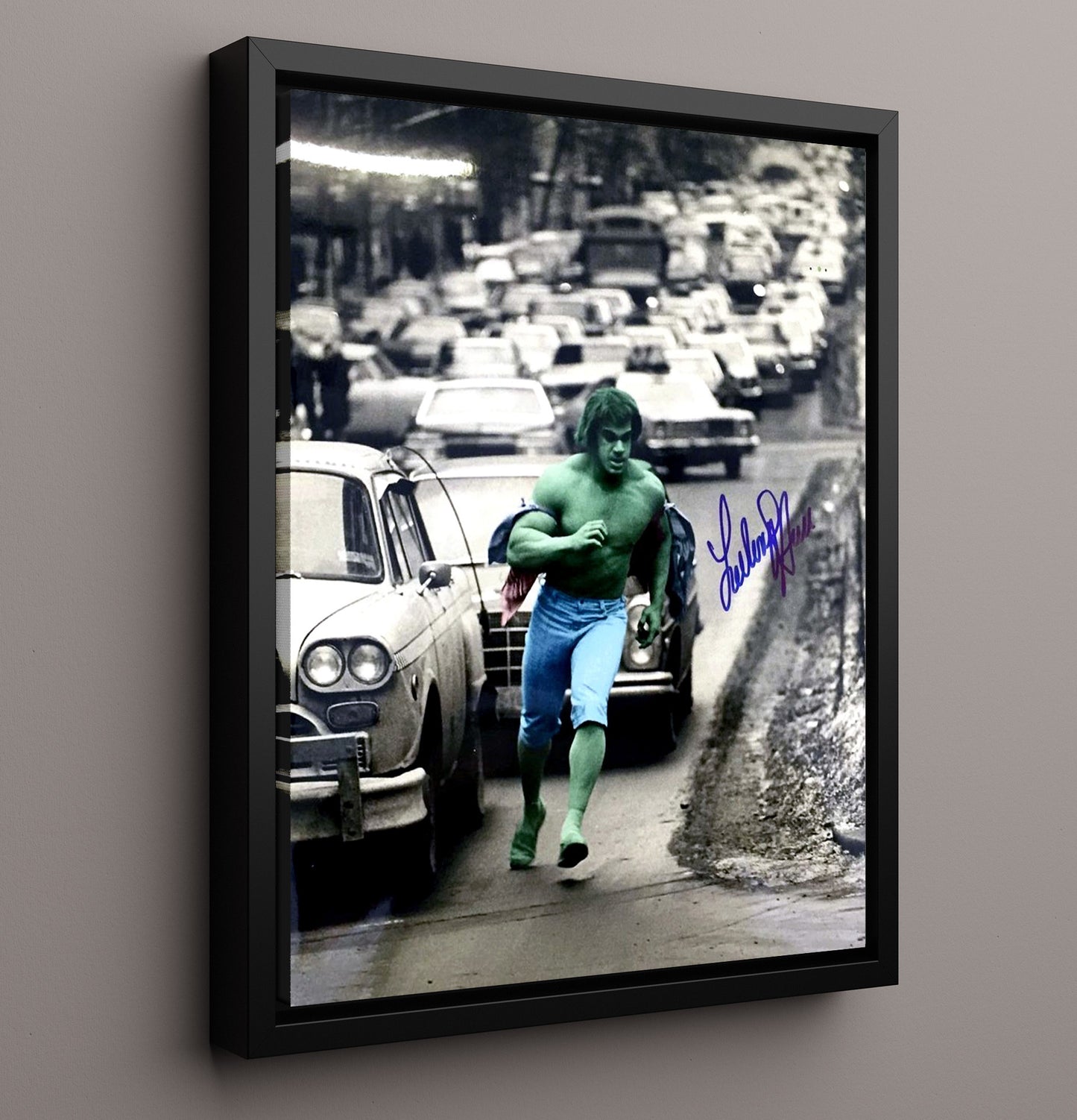 Incredible Hulk - Lou Ferrigno Hulk Running Through City Street - Vintage Television Wall Art - 16x20 Framed Canvas wall art print - television decor