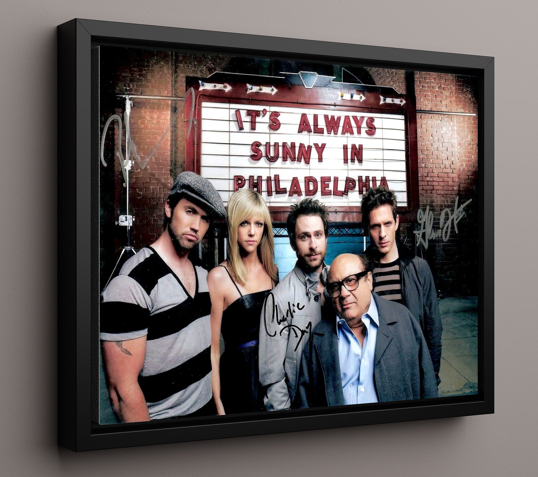 Its Always Sunny in Philadelphia - Danny DeVito (Frank Reynolds) Ensemble Marquee Bar Scene - Vintage Television Wall Art - 16x20 Framed Canvas wall art print - television decor