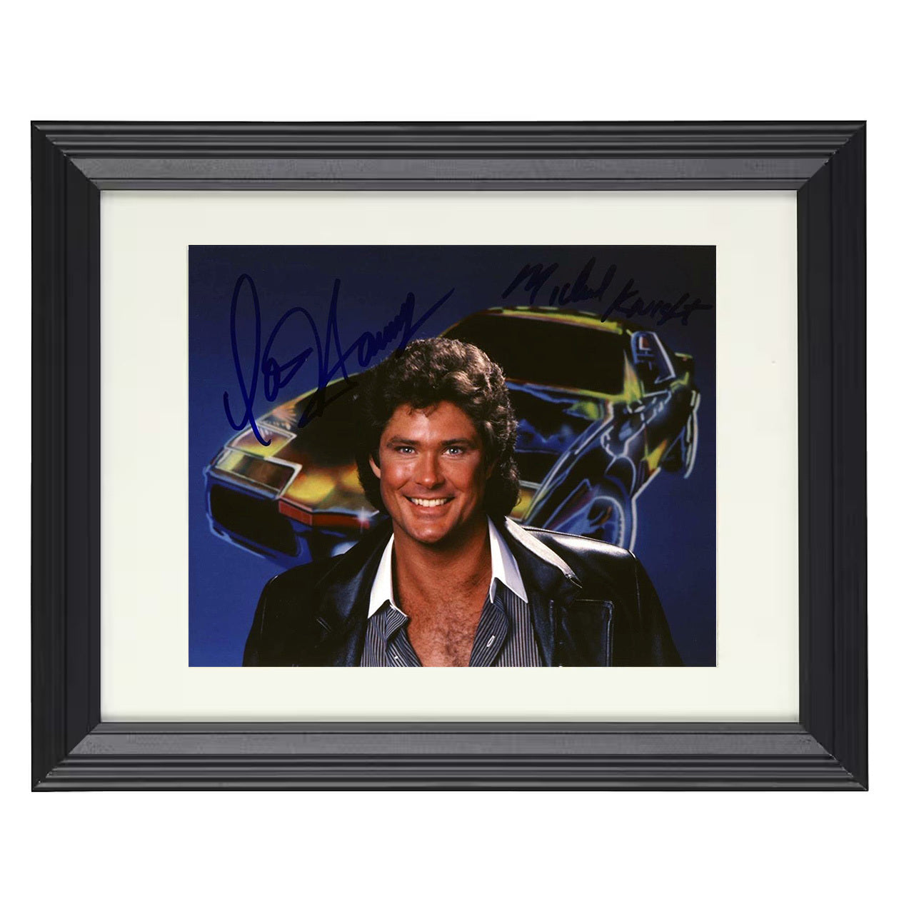 Knight Rider – Michael Knight Pointing from KITT Hood Action – 8x10 black beveled framed television wall art