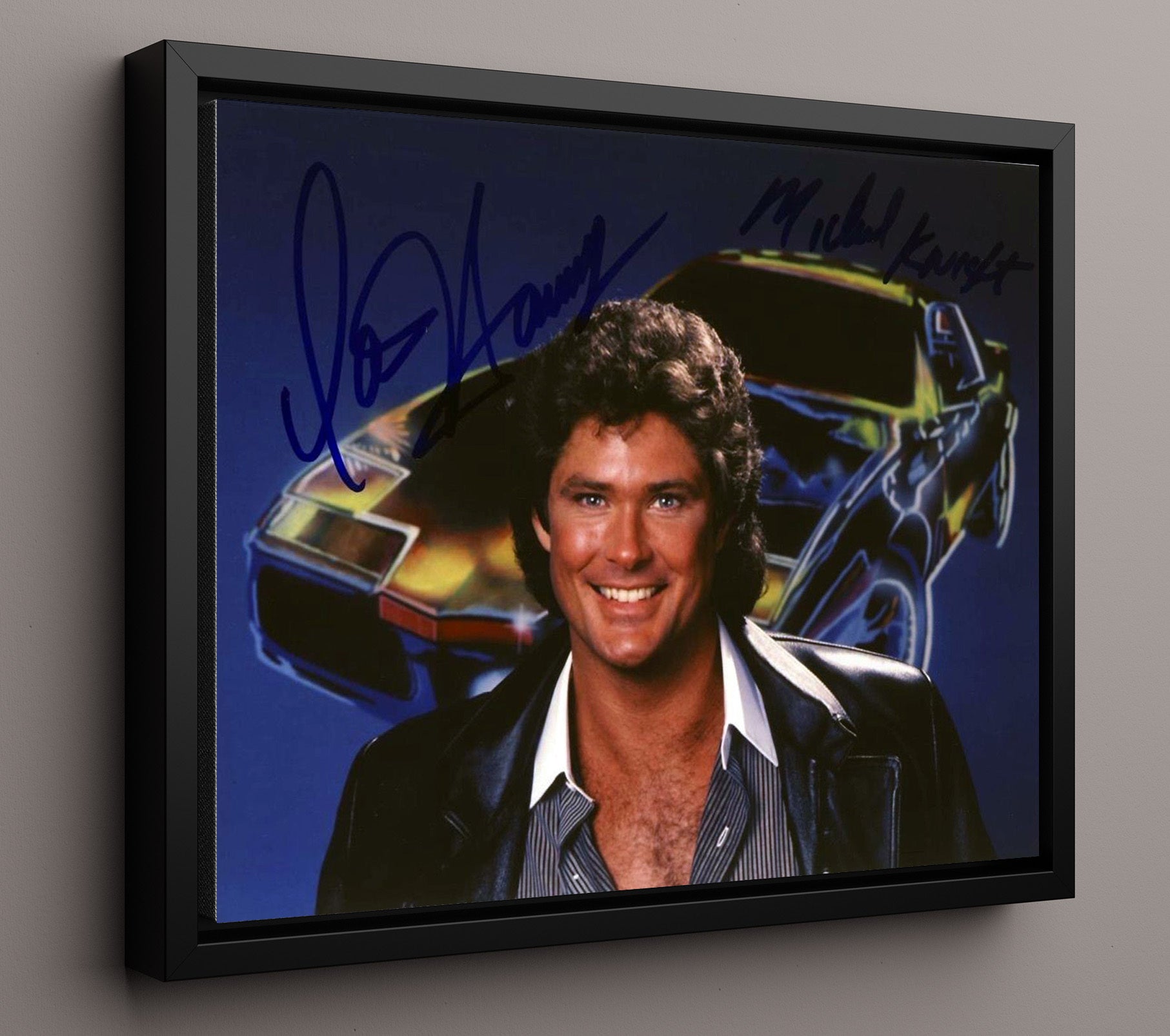 Knight Rider - David Hasselhoff (Michael Knight) Pointing from KITT Hood Action Scene - Vintage Television Wall Art - 16x20 Framed Canvas wall art print - television decor