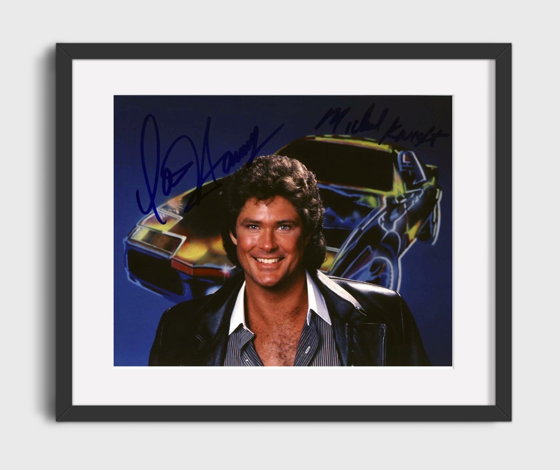 Knight Rider - David Hasselhoff (Michael Knight) Pointing from KITT Hood Action Scene - Vintage Television Wall Art - 16x20 Gallery Frame wall art print - television decor