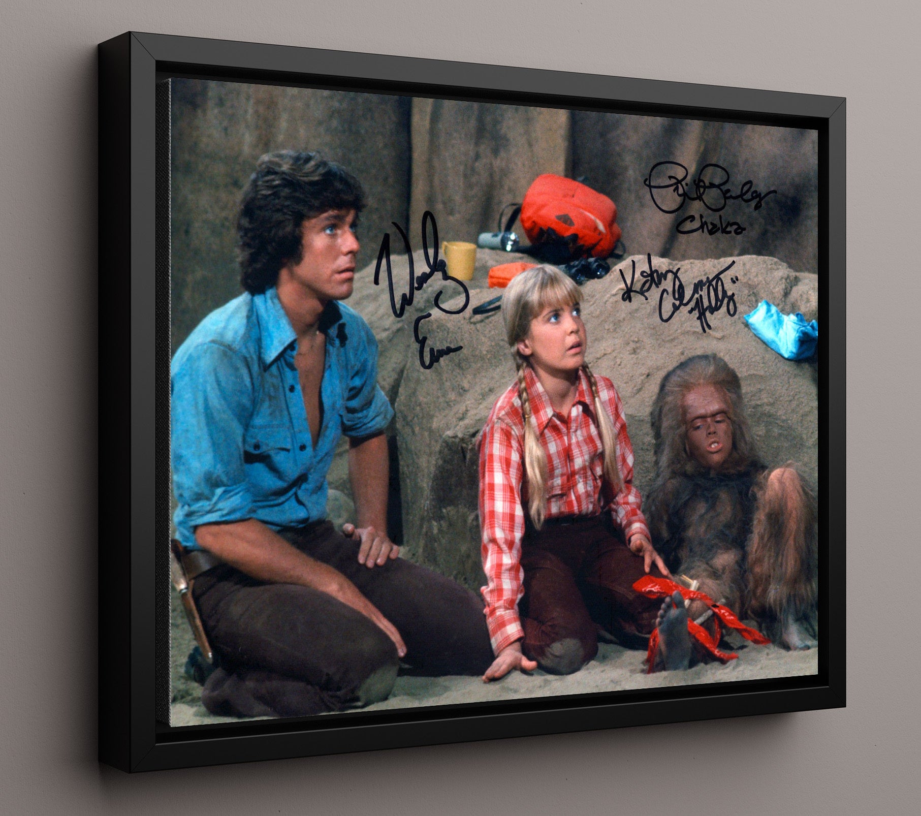 Land of the Lost - Wesley Eure (Will Marshall) Ensemble Cast Cave Discovery - Vintage Television Wall Art - 16x20 Framed Canvas wall art print - television decor