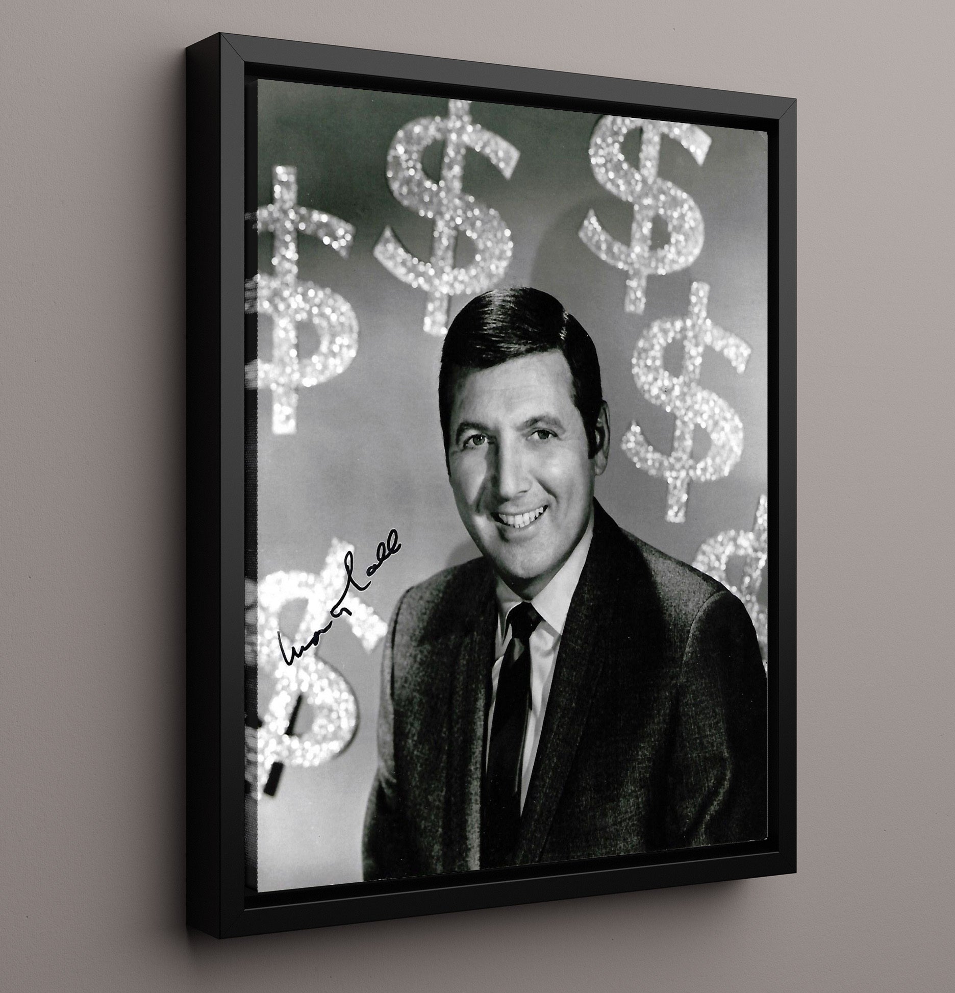 Lets Make a Deal - Monty Hall - Dollar Sign Game Show Backdrop - Vintage Television Wall Art - 16x20 Framed Canvas wall art print - television decor