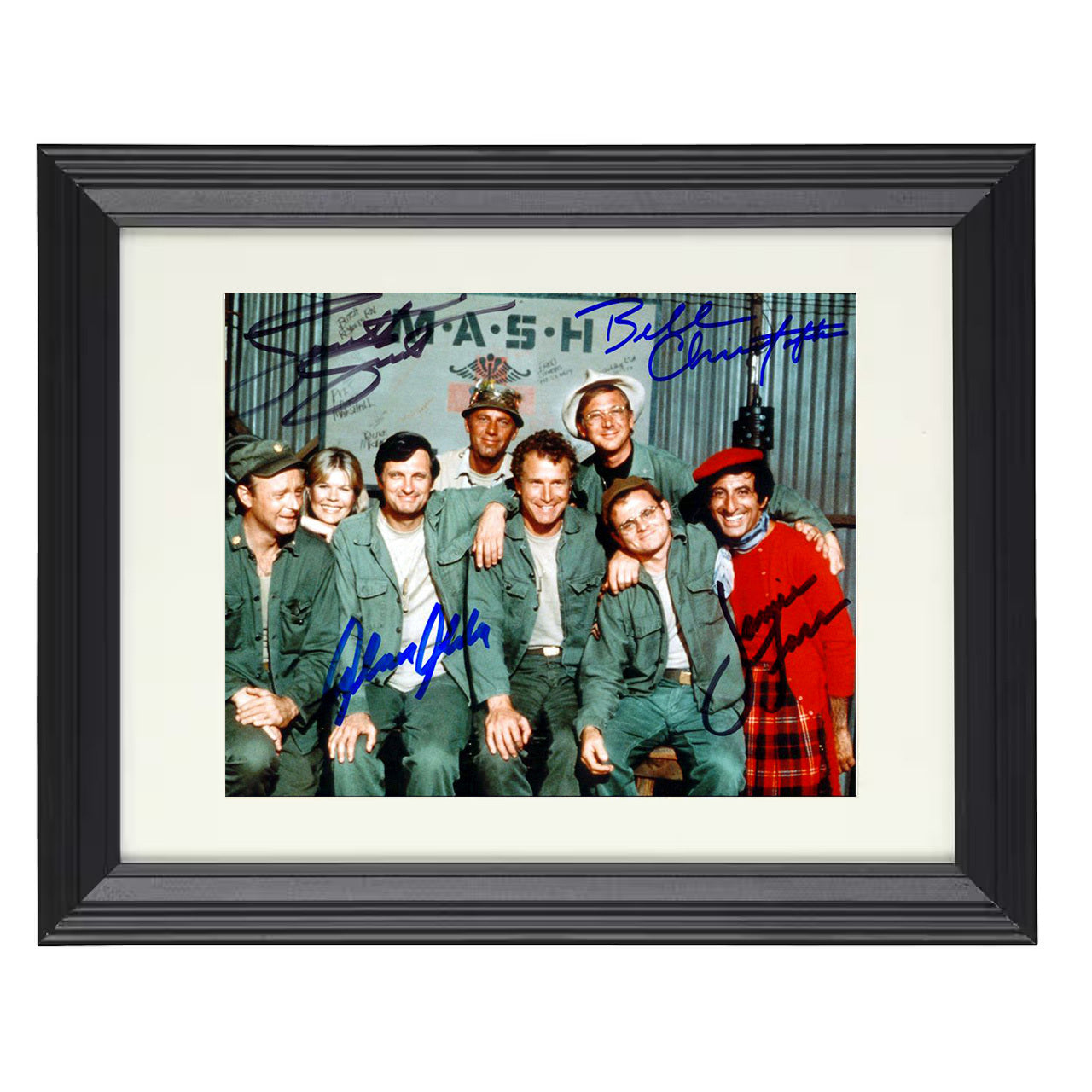 MASH – Alan Alda Cast 4077th Canteen Cast Image – 8x10 black beveled framed television wall art