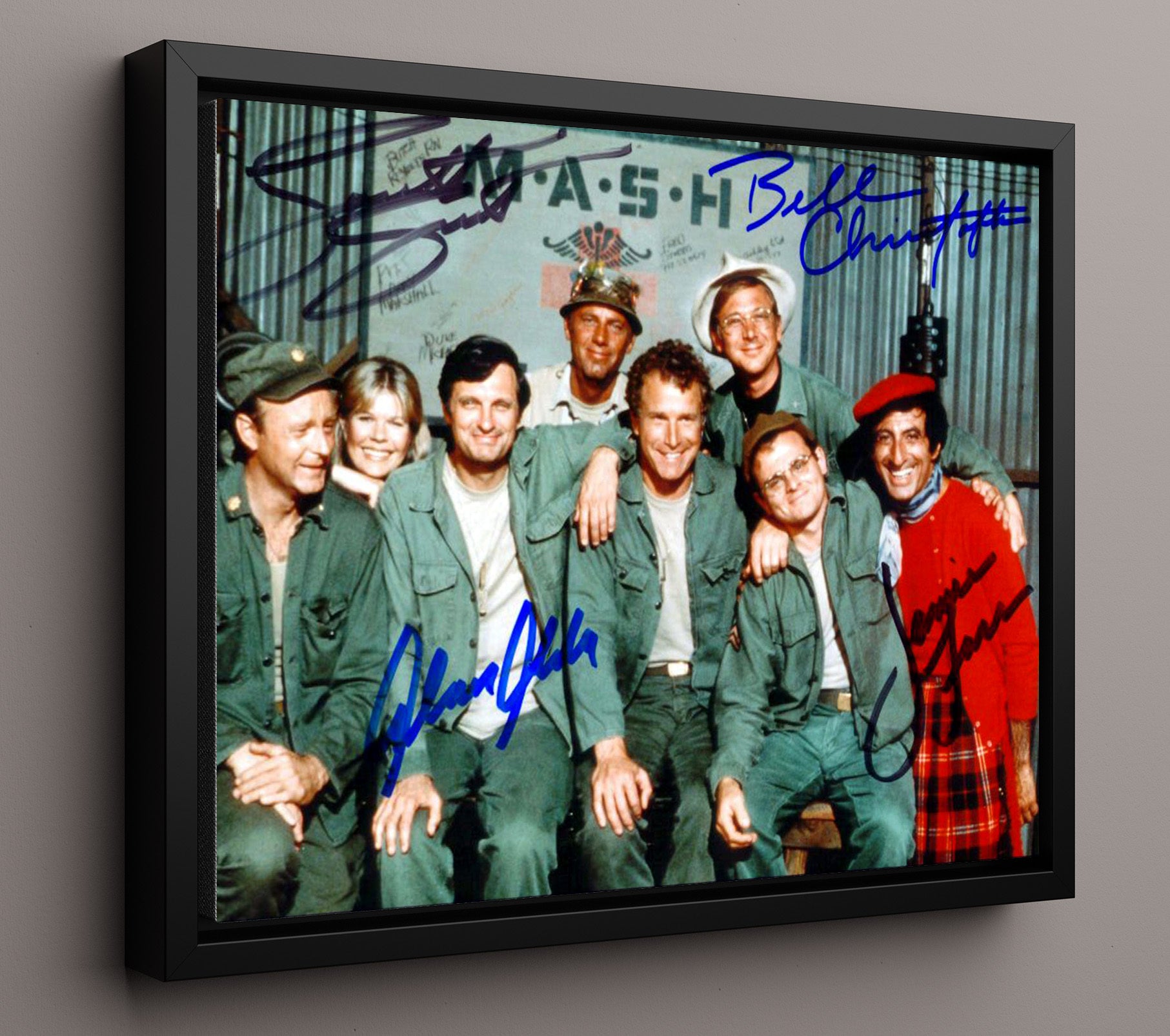 MASH - Alan Alda Ensemble Cast 4077th Canteen Cast Photo - Vintage Television Wall Art - 16x20 Framed Canvas wall art print - television decor