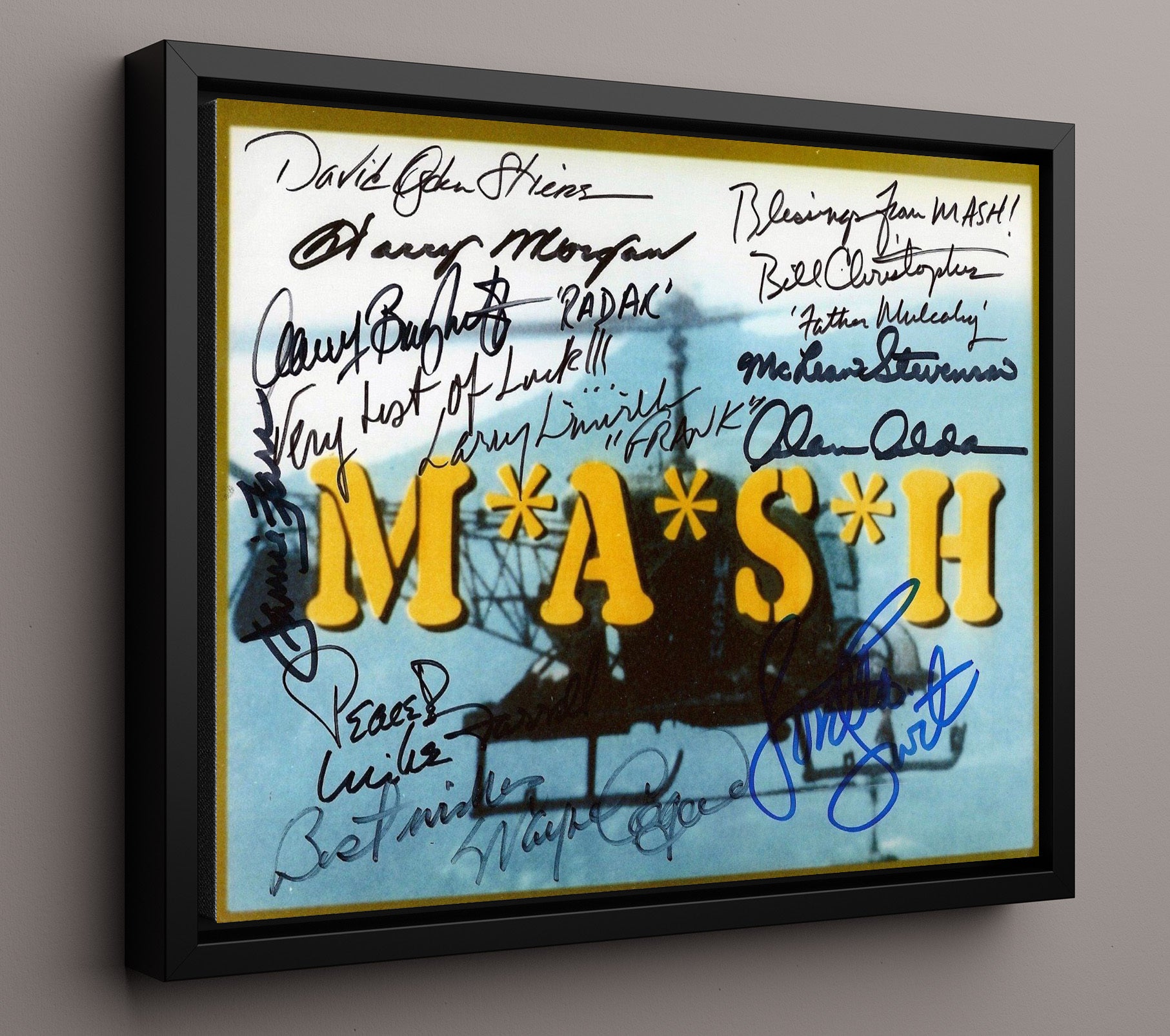 MASH - Alan Alda Ensemble Cast Title Card Autograph Collage - Vintage Television Wall Art - 16x20 Framed Canvas wall art print - television decor