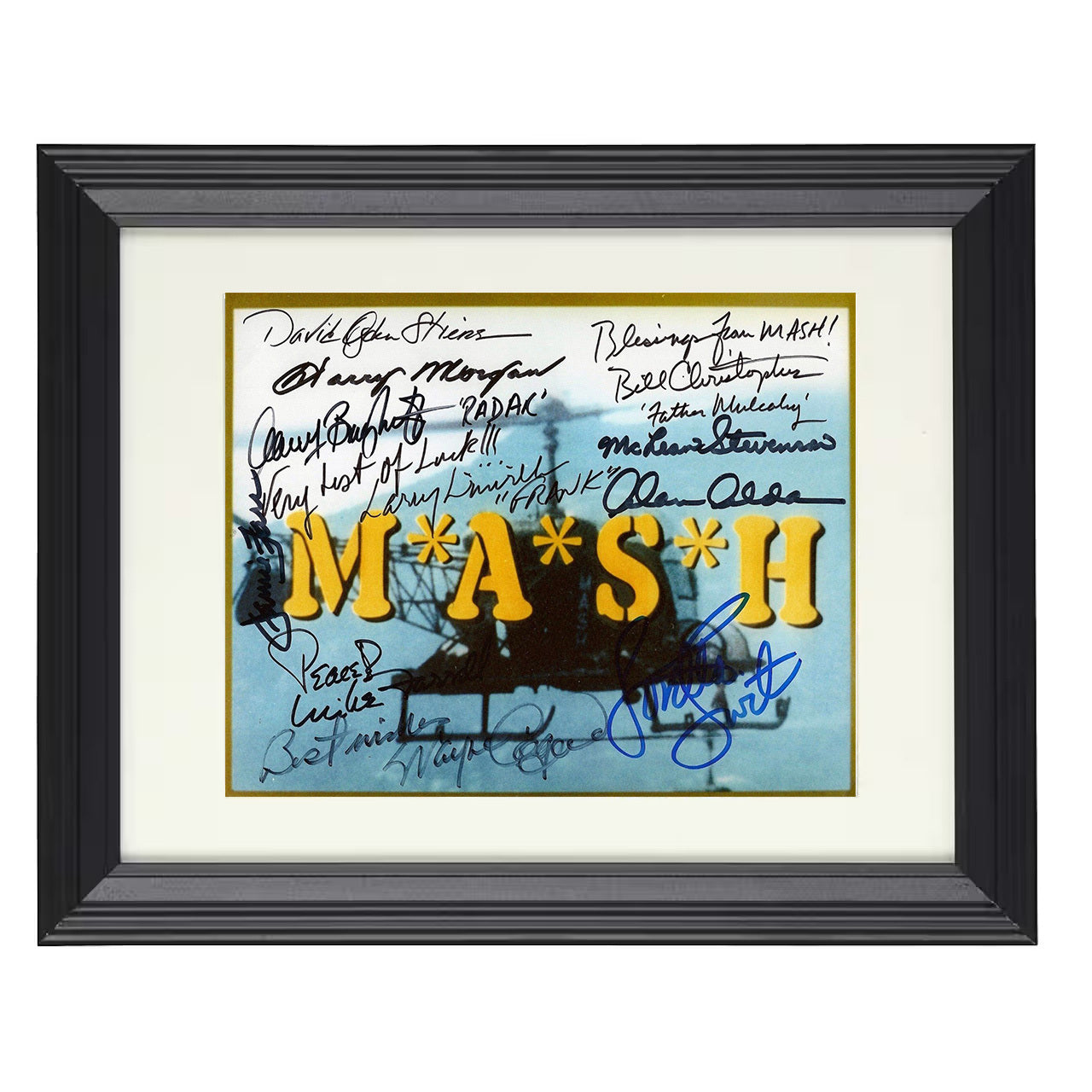 MASH – Alan Alda Cast Title Card Autograph Collage – 8x10 black beveled framed television wall art