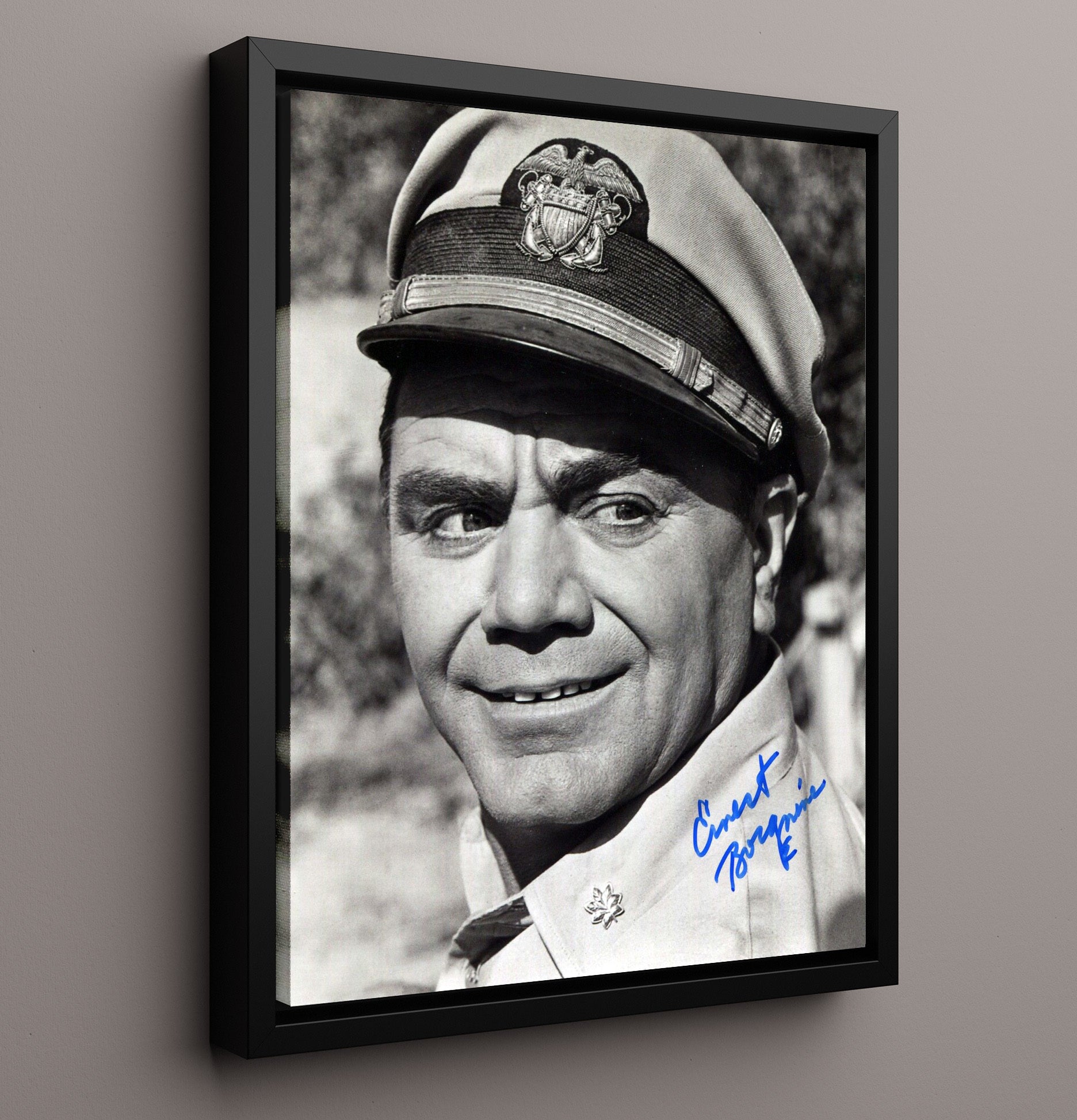 McHales Navy - Ernest Borgnine Captain Uniform BandW - Vintage Television Wall Art - 16x20 Framed Canvas wall art print - television decor