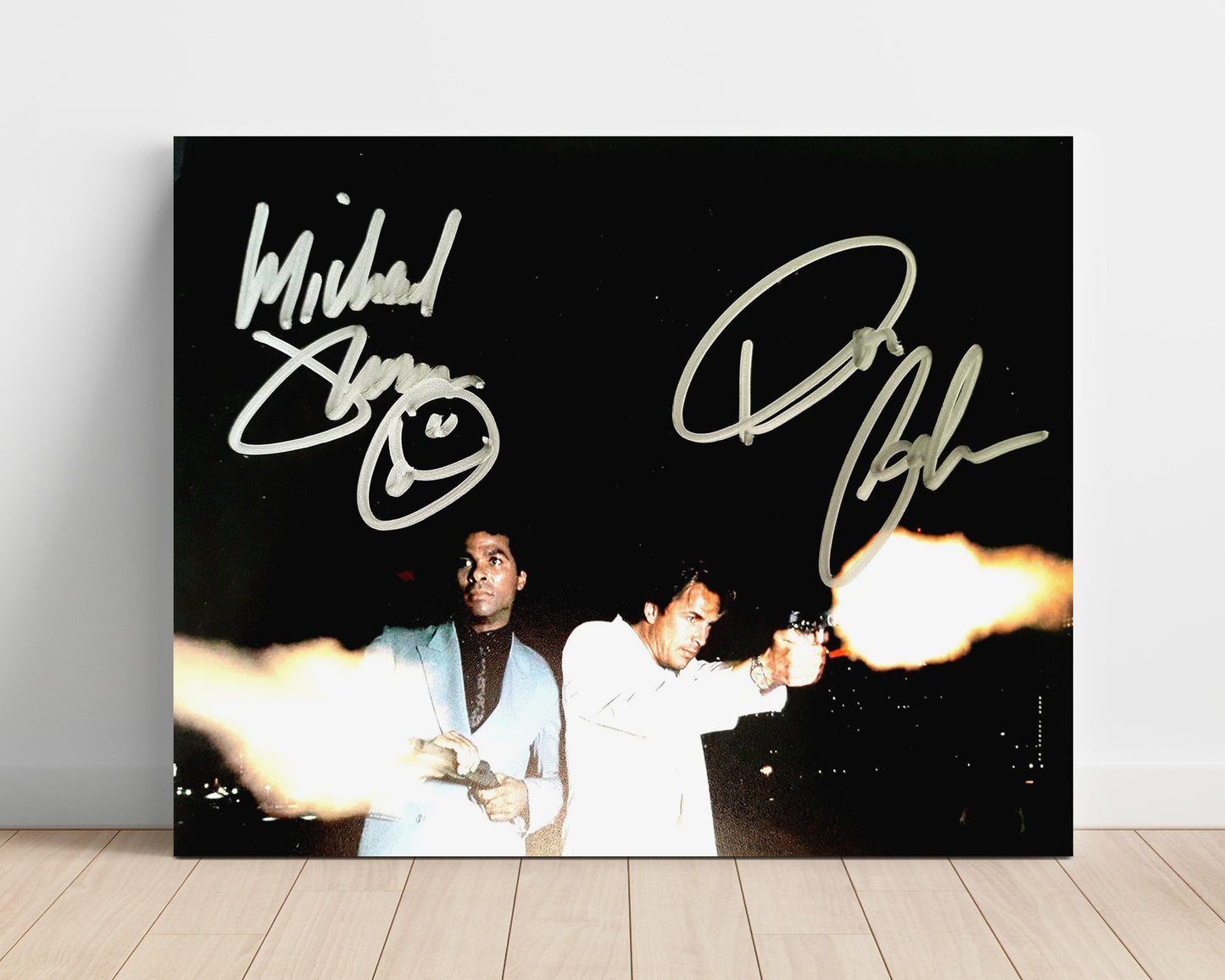 Miami Vice - Don Johnson (Sonny Crockett) and Philip Michael Thomas (Ricardo Tubbs) Dual Gunfire Night Scene - Vintage Television Wall Art - 16x20 Unframed Print wall art print - television decor