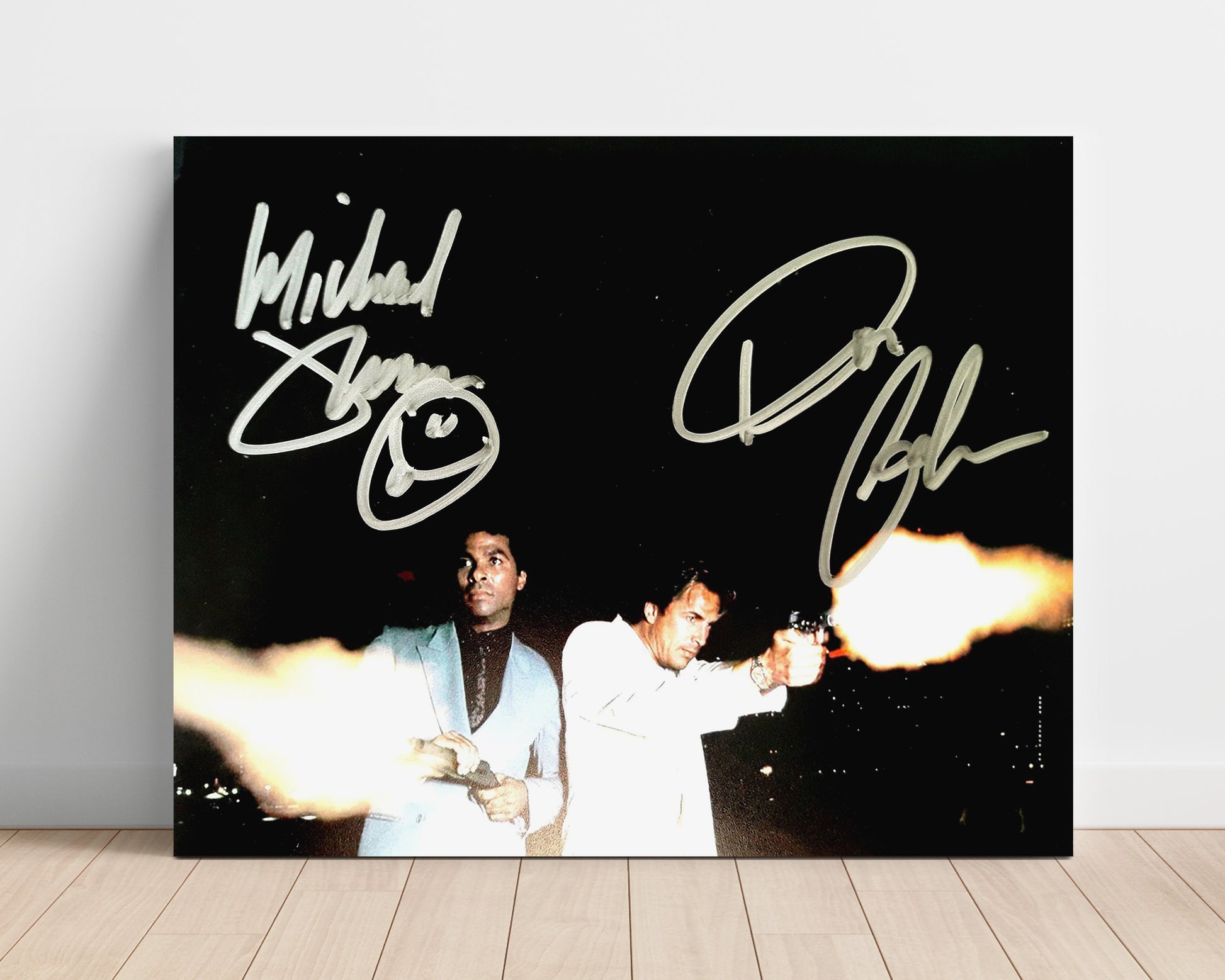 Miami Vice - Don Johnson (Sonny Crockett) and Philip Michael Thomas (Ricardo Tubbs) Dual Gunfire Night Scene - Vintage Television Wall Art - 16x20 Unframed Print wall art print - television decor