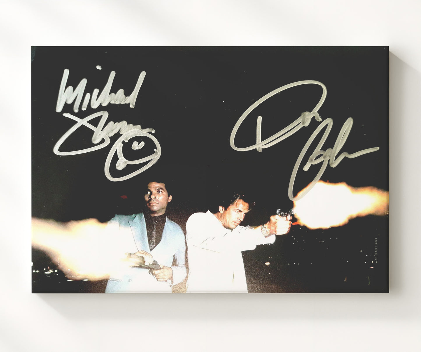 Miami Vice - Don Johnson (Sonny Crockett) and Philip Michael Thomas (Ricardo Tubbs) Dual Gunfire Night Scene - Vintage Television Wall Art - 20x24 Canvas wall art print - television decor