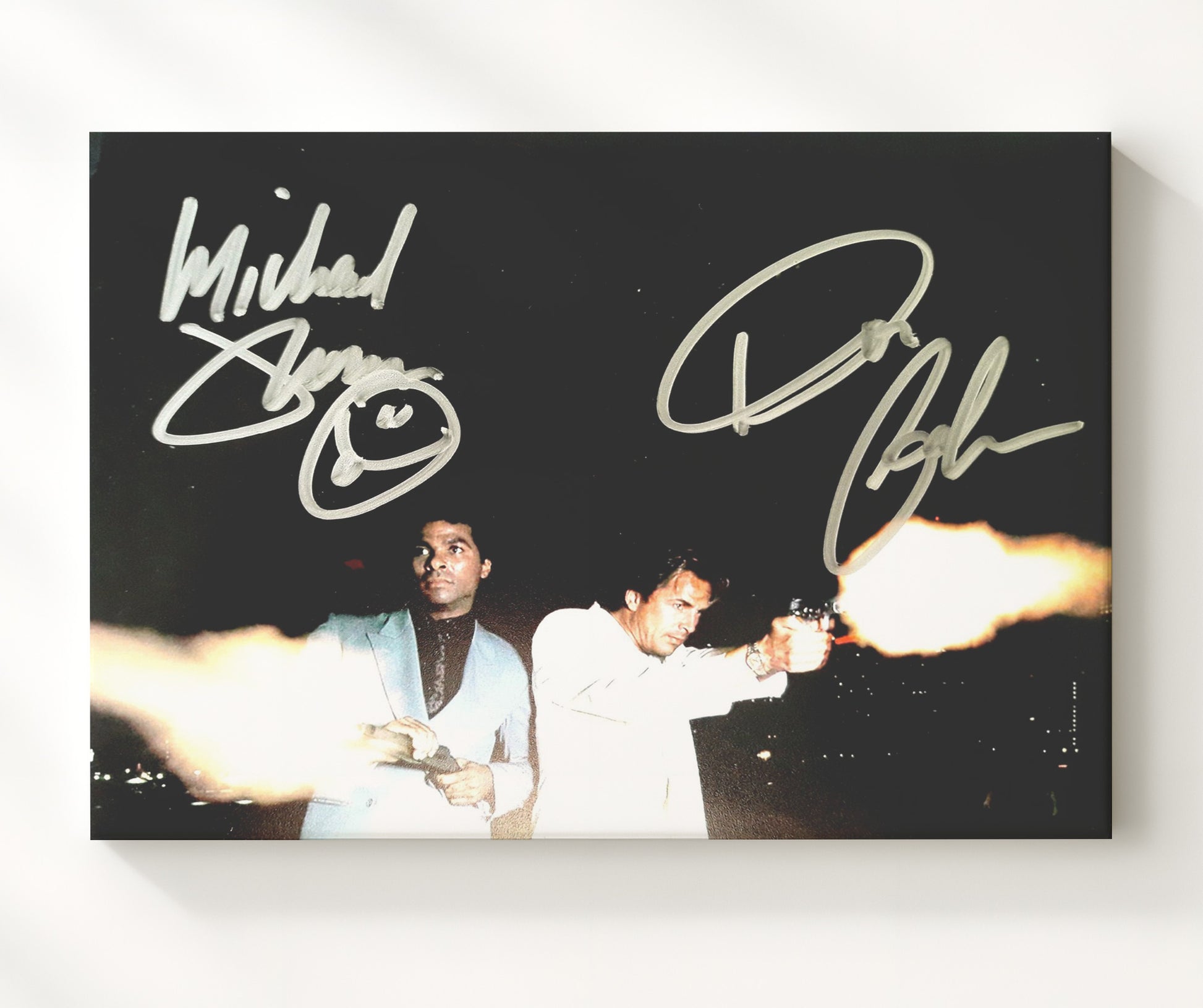 Miami Vice - Don Johnson (Sonny Crockett) and Philip Michael Thomas (Ricardo Tubbs) Dual Gunfire Night Scene - Vintage Television Wall Art - 20x24 Canvas wall art print - television decor