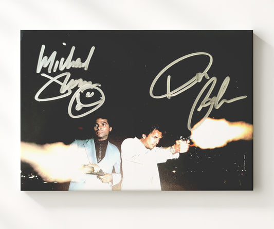 Miami Vice - Don Johnson (Sonny Crockett) and Philip Michael Thomas (Ricardo Tubbs) Dual Gunfire Night Scene - Canvas television wall art