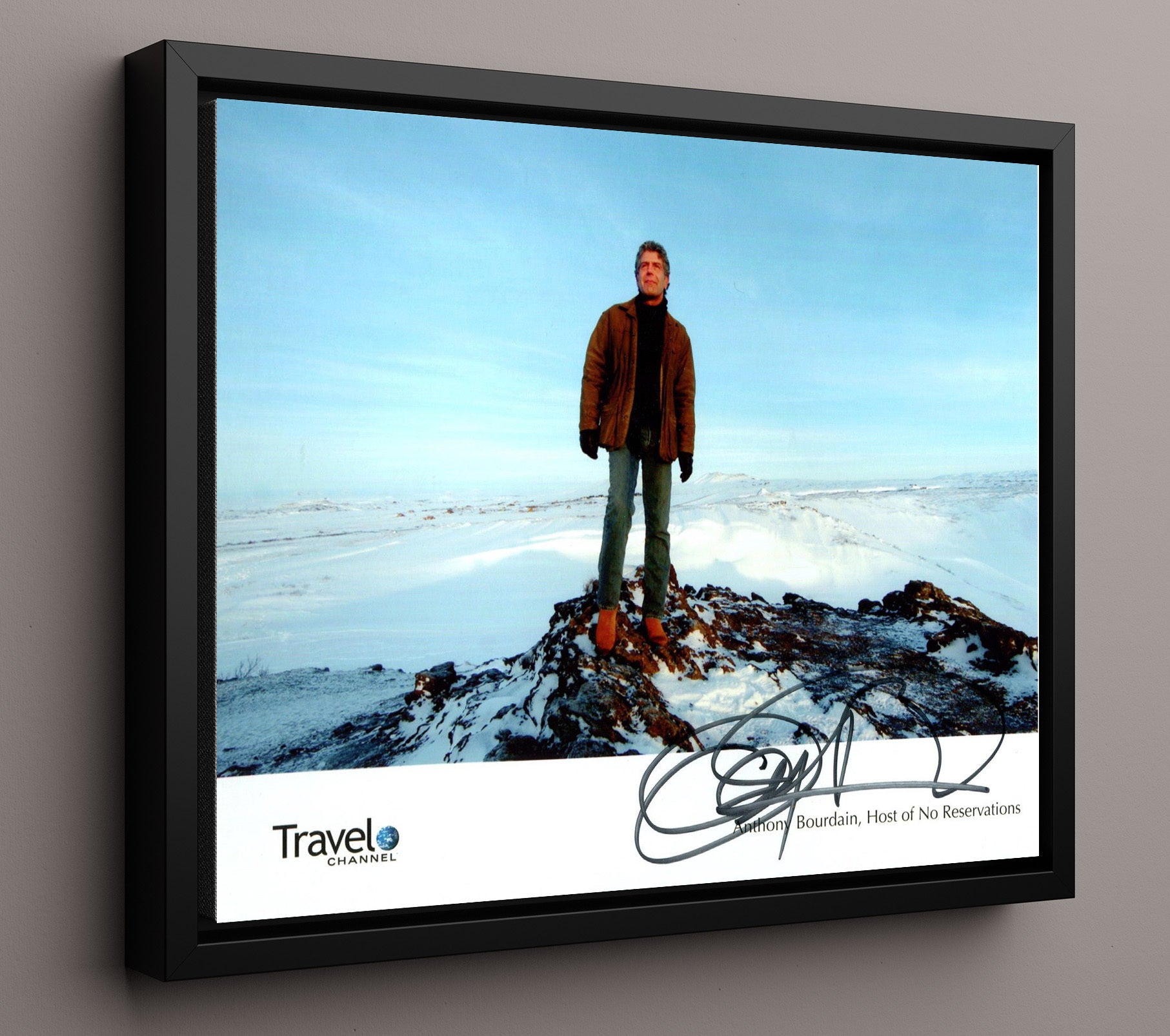 No Reservations - Anthony Bourdain (Host) Arctic Landscape Stand - Vintage Television Wall Art - 16x20 Framed Canvas wall art print - television decor
