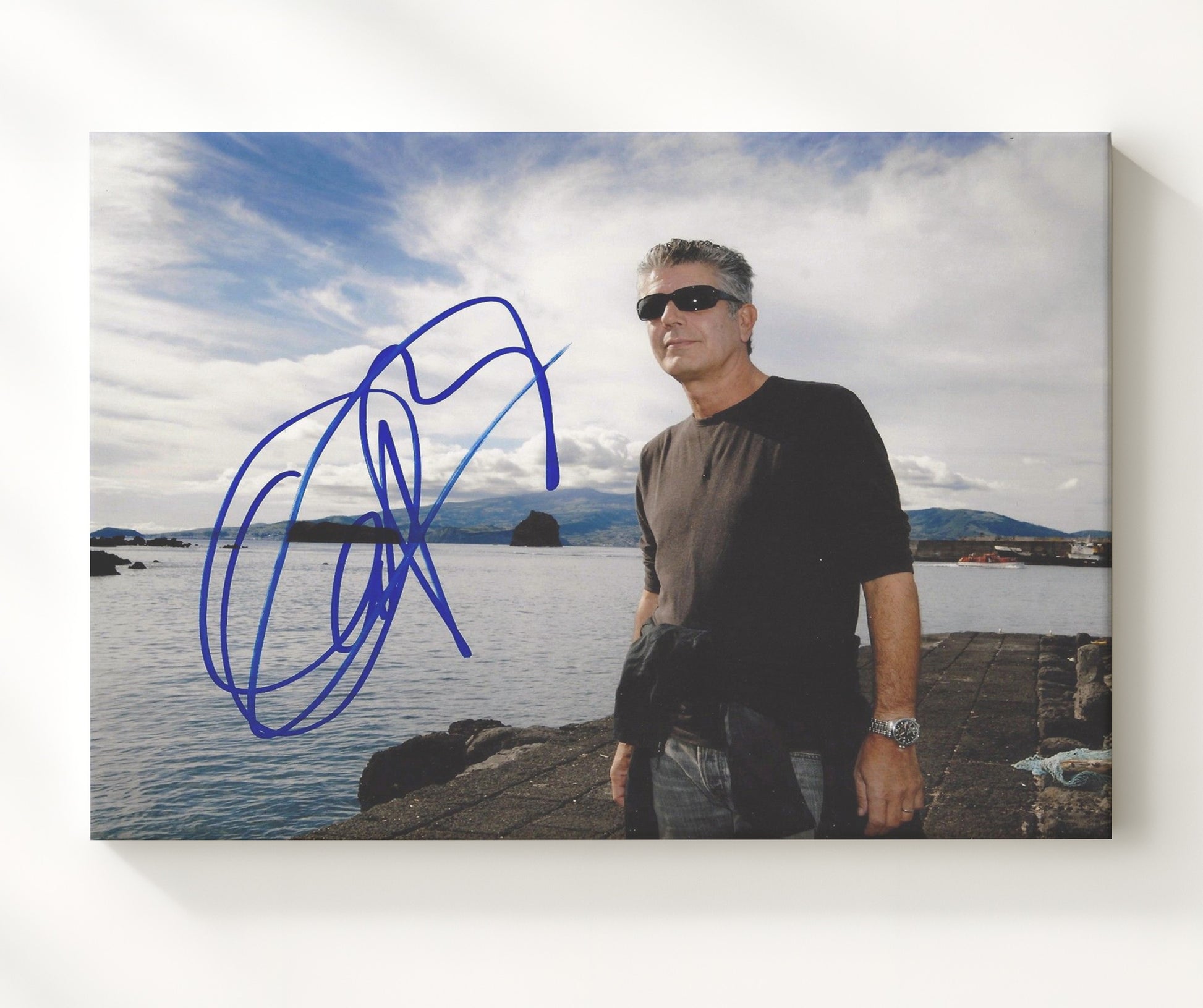 No Reservations - Anthony Bourdain (Host) Harbor Dock Sunglasses Pose - Vintage Television Wall Art - 20x24 Canvas wall art print - television decor