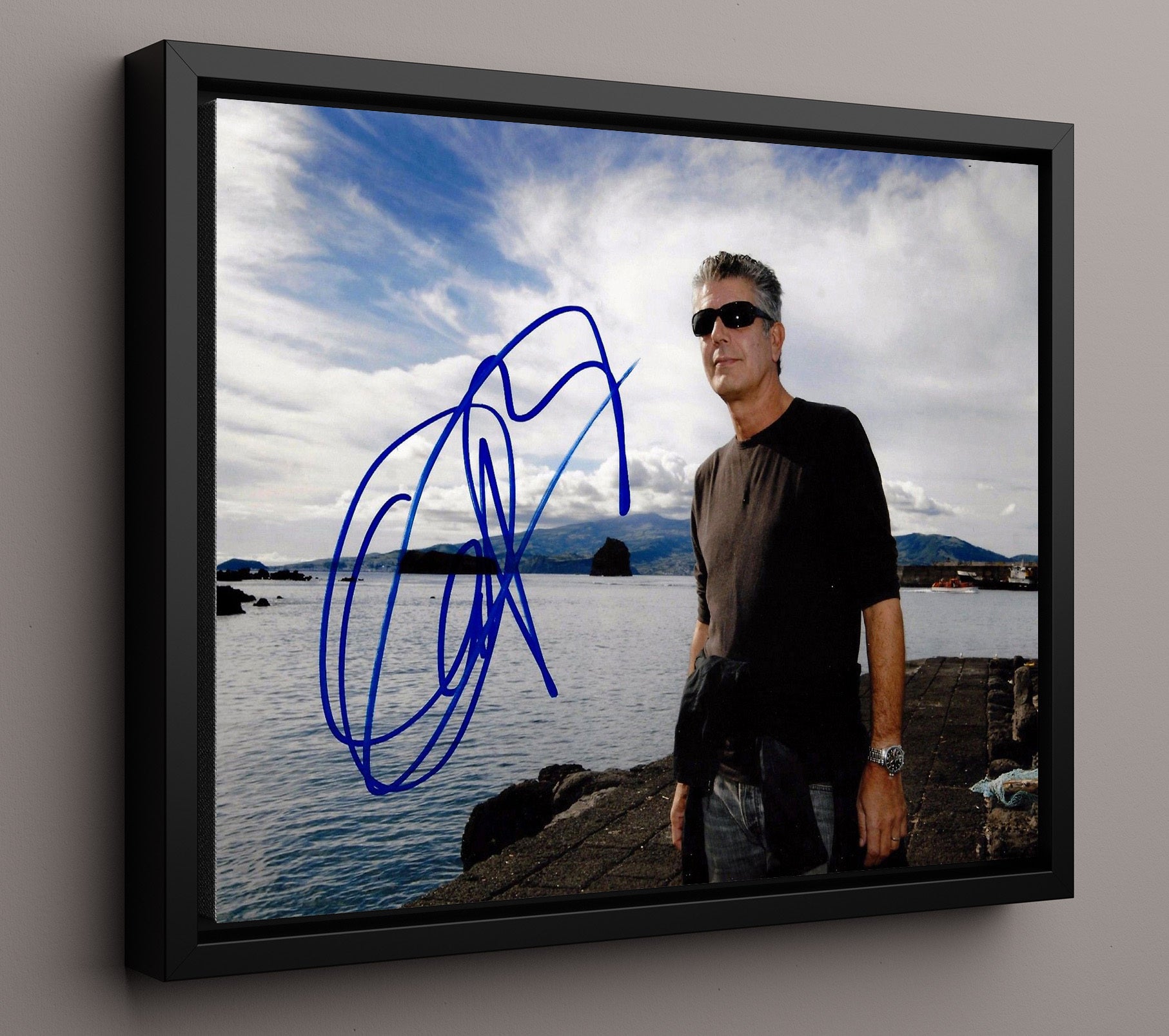 No Reservations - Anthony Bourdain (Host) Harbor Dock Sunglasses Pose - Vintage Television Wall Art - 16x20 Framed Canvas wall art print - television decor