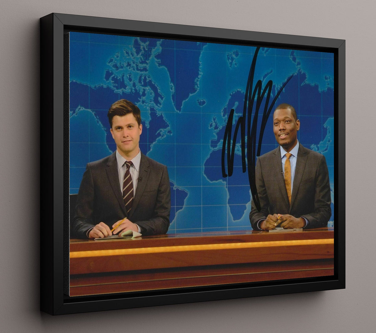 Saturday Night Live - Colin Jost and Michael Che (Weekend Update Anchors) News Desk Broadcast - Framed Canvas television wall art