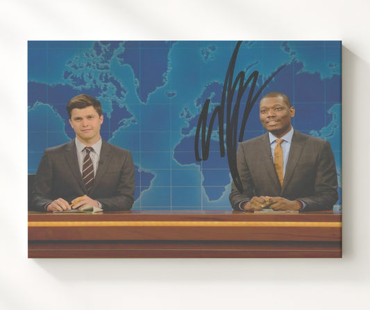 Saturday Night Live - Colin Jost and Michael Che (Weekend Update Anchors) News Desk Broadcast - Canvas television wall art