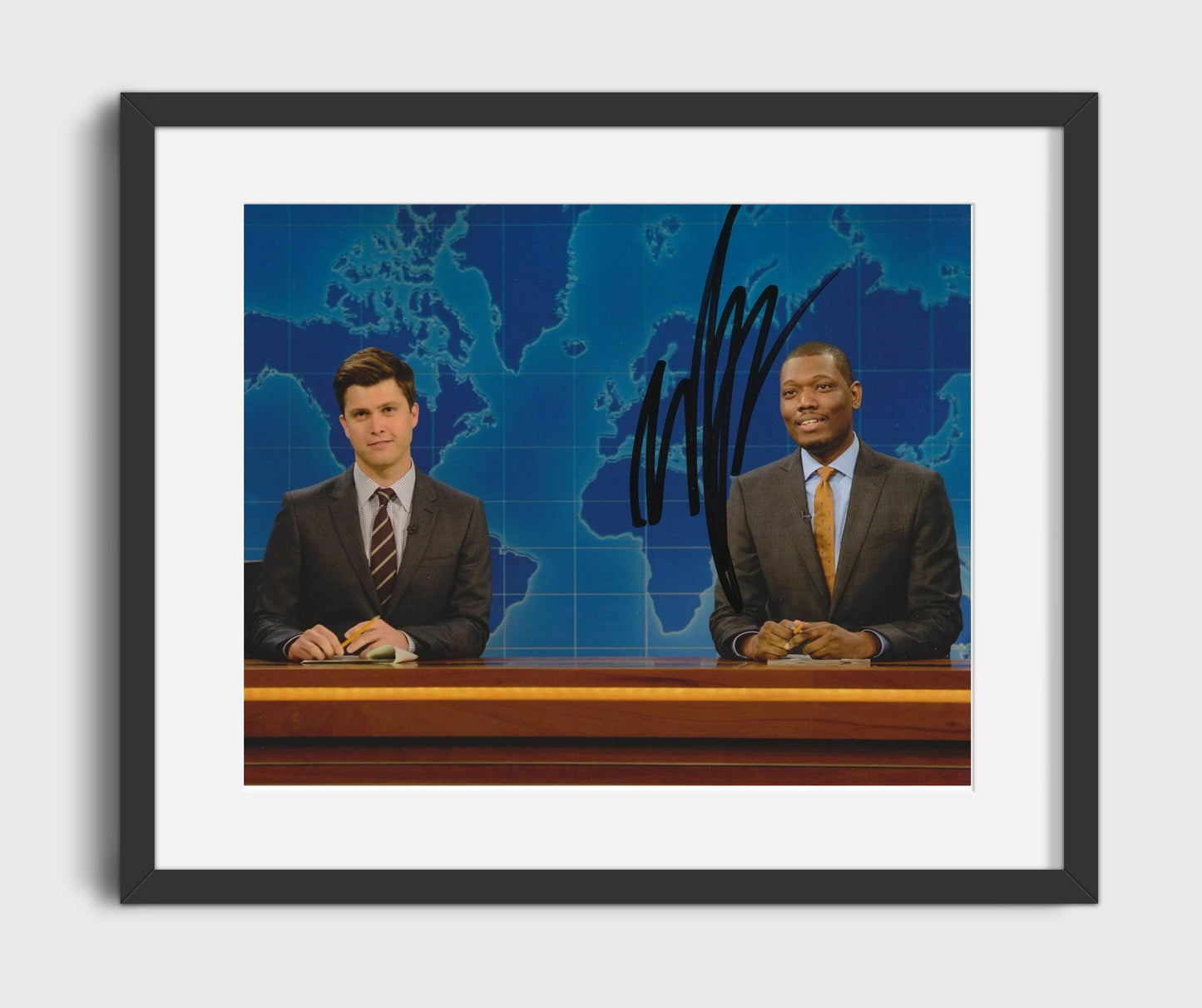 Saturday Night Live - Colin Jost and Michael Che (Weekend Update Anchors) News Desk Broadcast - Vintage Television Wall Art - 16x20 Gallery Frame wall art print - television decor