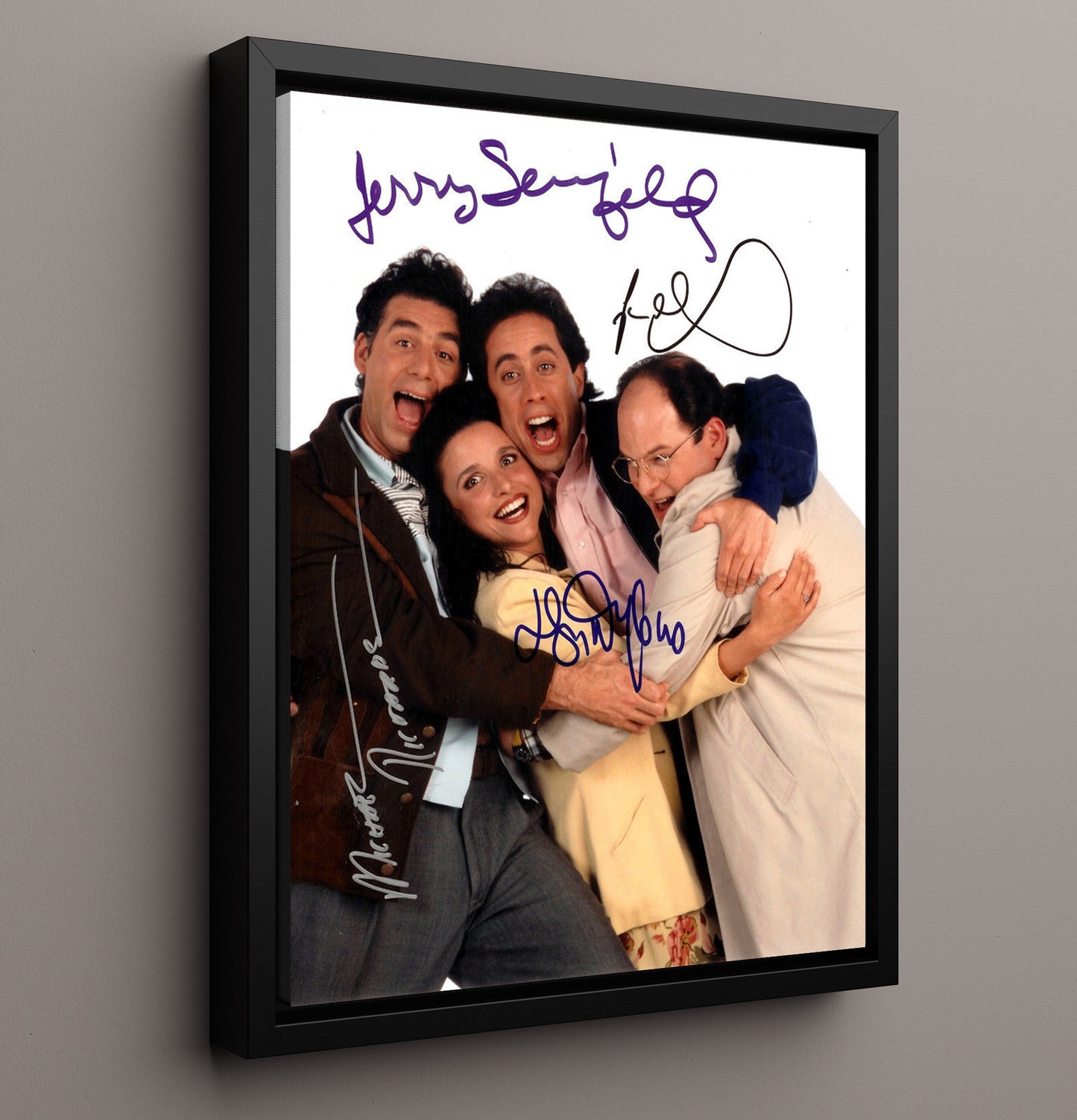 Seinfeld - Jerry Seinfeld Julia Louis Dreyfus Jason Alexander and Michael Richards - Comedic Group Hug - Vintage Television Wall Art - 16x20 Framed Canvas wall art print - television decor