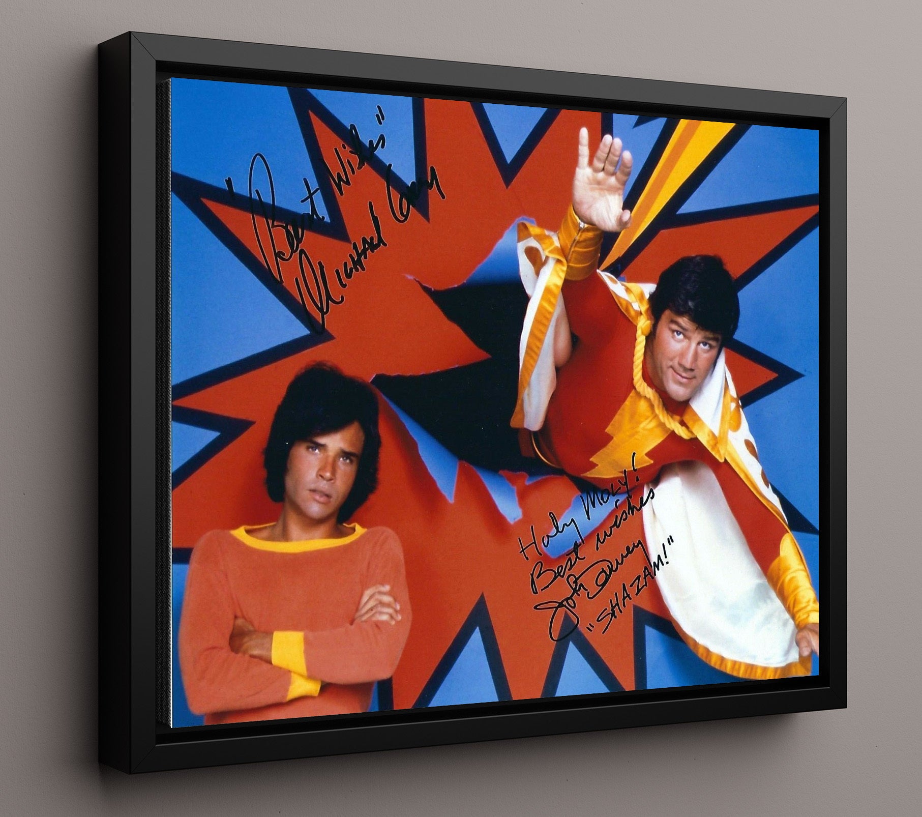 Shazam - John Davey (Captain Marvel) and Michael Gray (Billy Batson) Flying Hero Pose - Vintage Television Wall Art - 16x20 Framed Canvas wall art print - television decor
