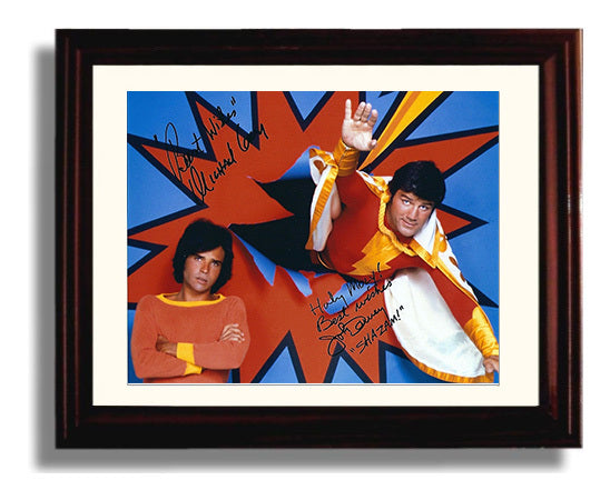 Shazam - John Davey (Captain Marvel) and Michael Gray (Billy Batson) Flying Hero Pose - Vintage Television Wall Art - 8x10 Beveled Frame wall art print - television decor