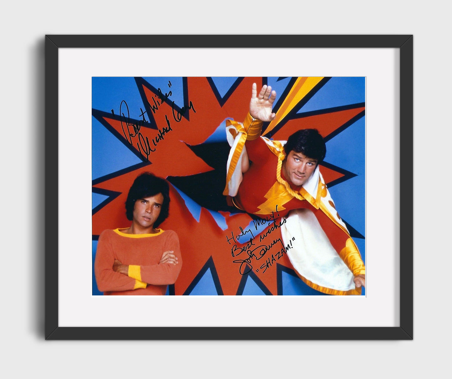 Shazam - John Davey (Captain Marvel) and Michael Gray (Billy Batson) Flying Hero Pose - Vintage Television Wall Art - 16x20 Gallery Frame wall art print - television decor