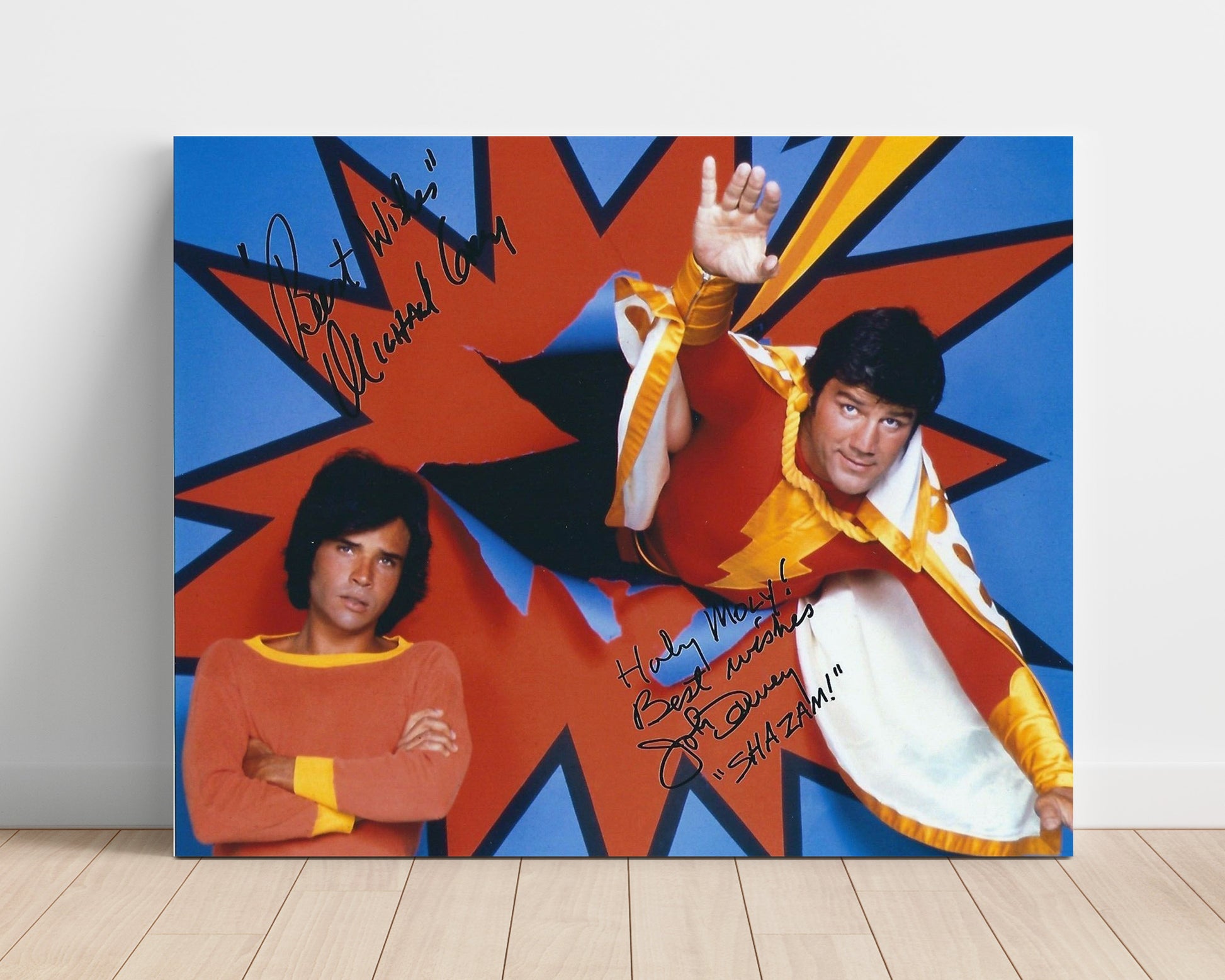 Shazam - John Davey (Captain Marvel) and Michael Gray (Billy Batson) Flying Hero Pose - Vintage Television Wall Art - 16x20 Unframed Print wall art print - television decor