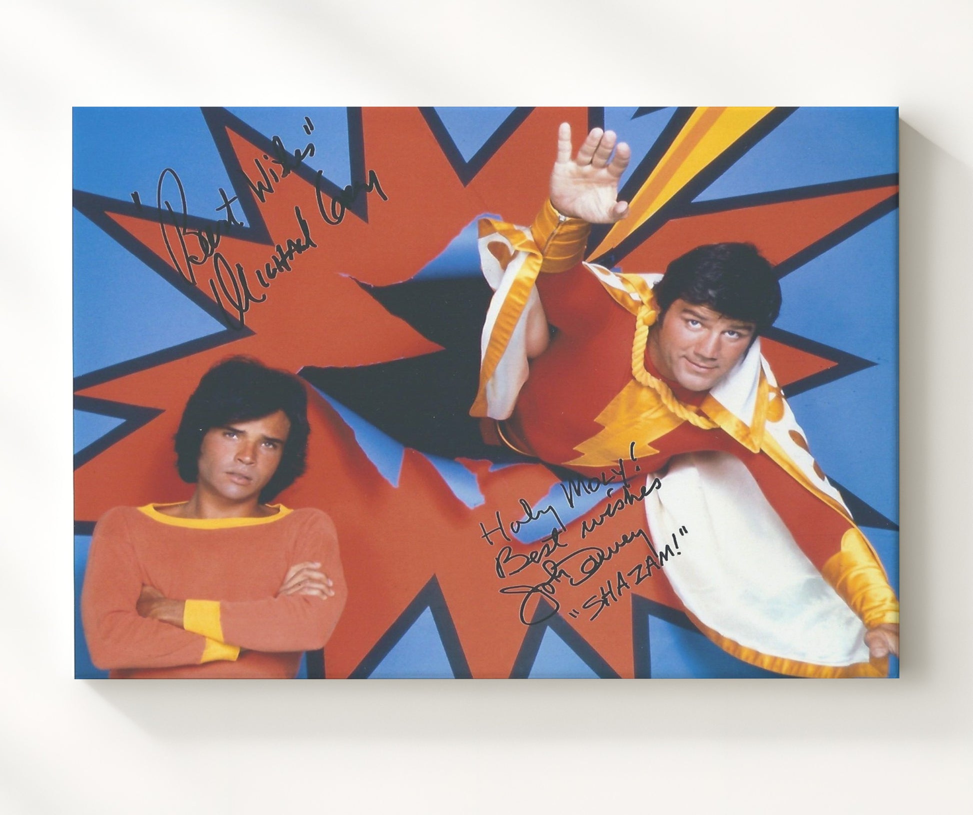 Shazam - John Davey (Captain Marvel) and Michael Gray (Billy Batson) Flying Hero Pose - Vintage Television Wall Art - 20x24 Canvas wall art print - television decor