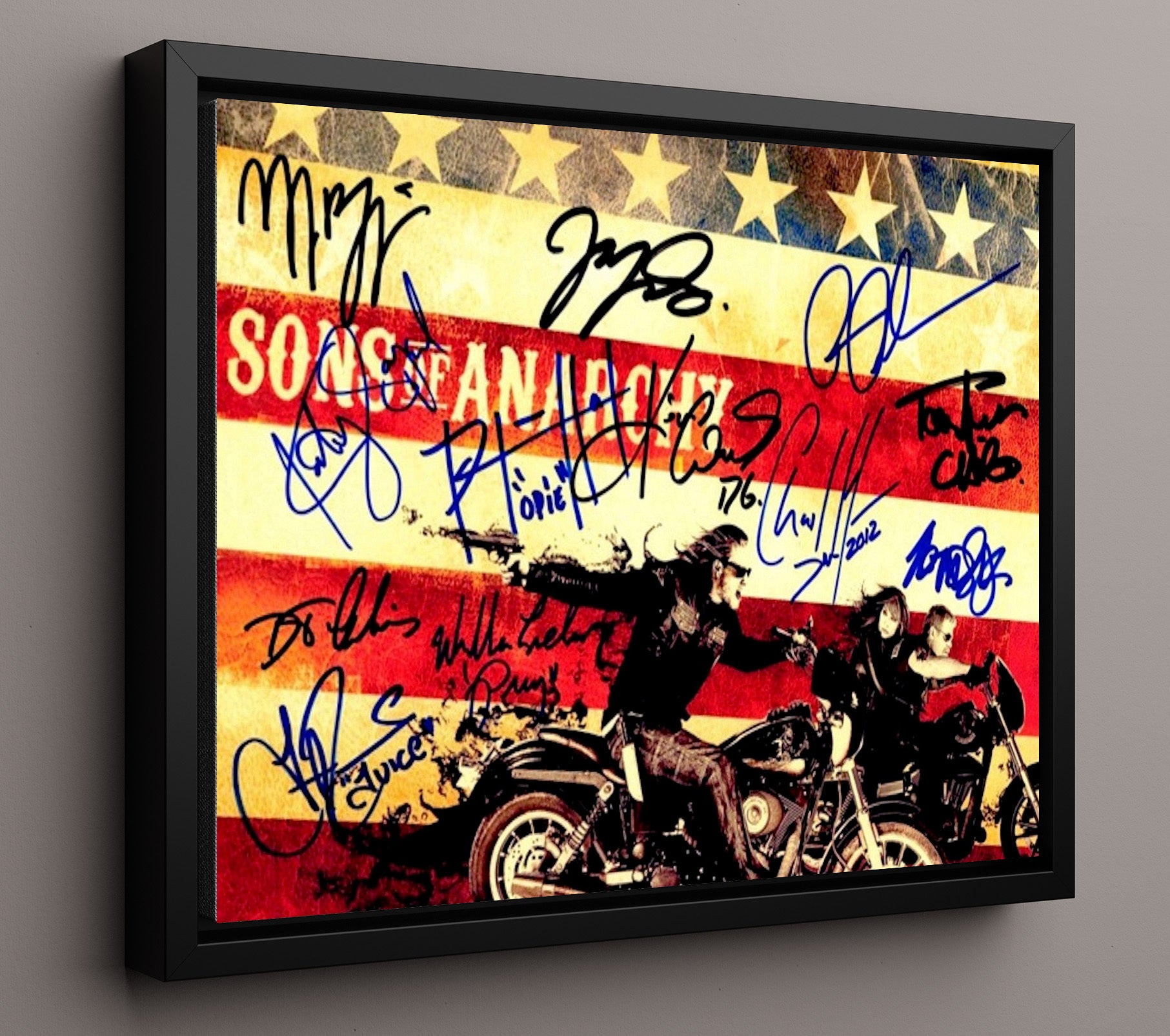 Sons of Anarchy - Charlie Hunnam (Jax Teller) Ensemble Cast Flag Riders - Vintage Television Wall Art - 16x20 Framed Canvas wall art print - television decor