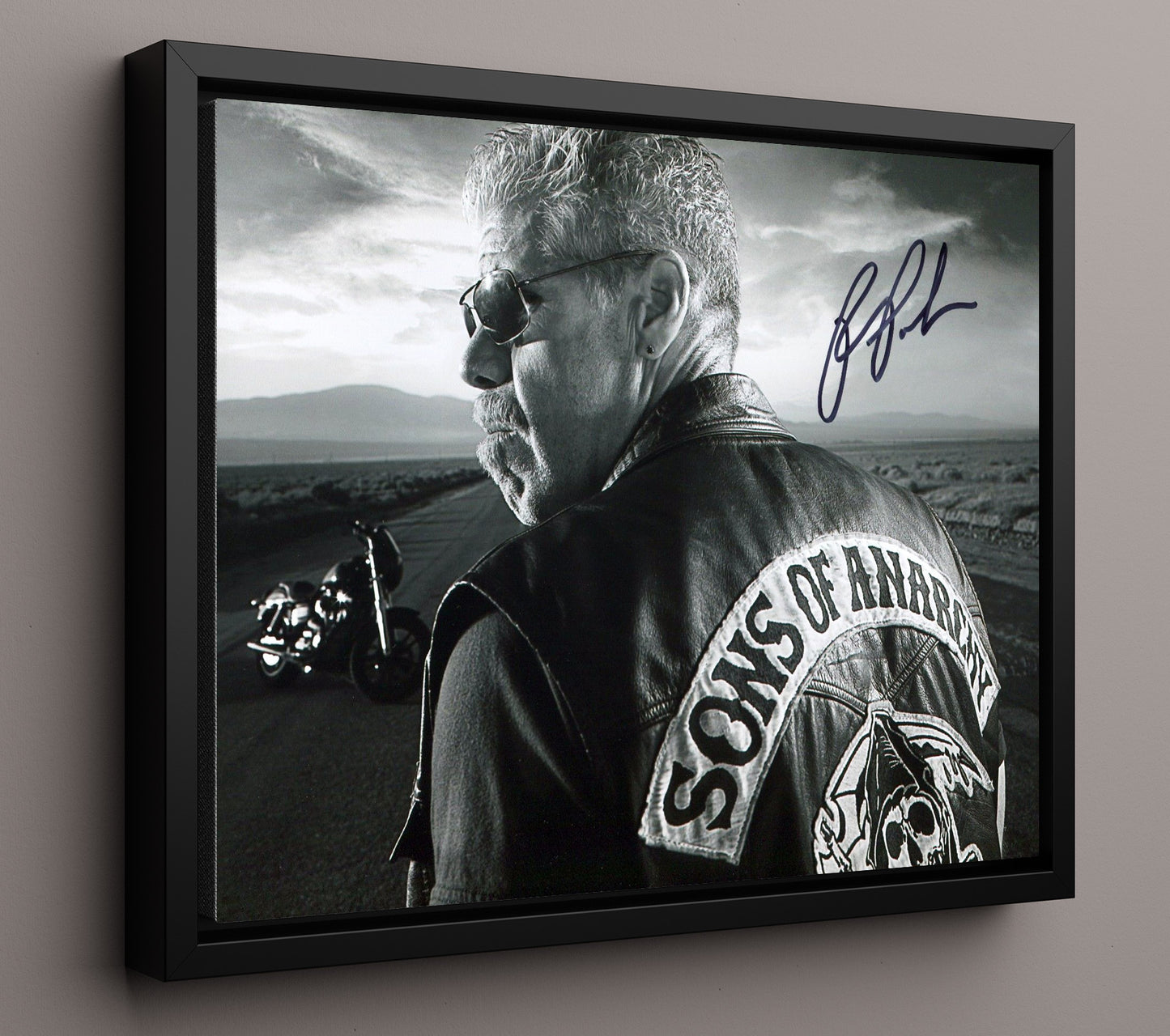 Sons of Anarchy - Ron Perlman (Clay Morrow) Motorcycle Road BandW - Vintage Television Wall Art - 16x20 Framed Canvas wall art print - television decor