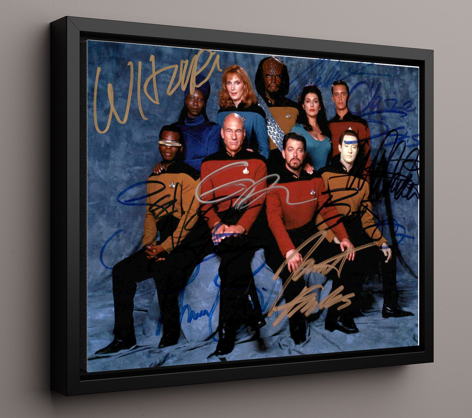 Star Trek The Next Generation - Patrick Stewart (Jean Luc Picard) Ensemble Bridge Crew - Vintage Television Wall Art - 16x20 Framed Canvas wall art print - television decor
